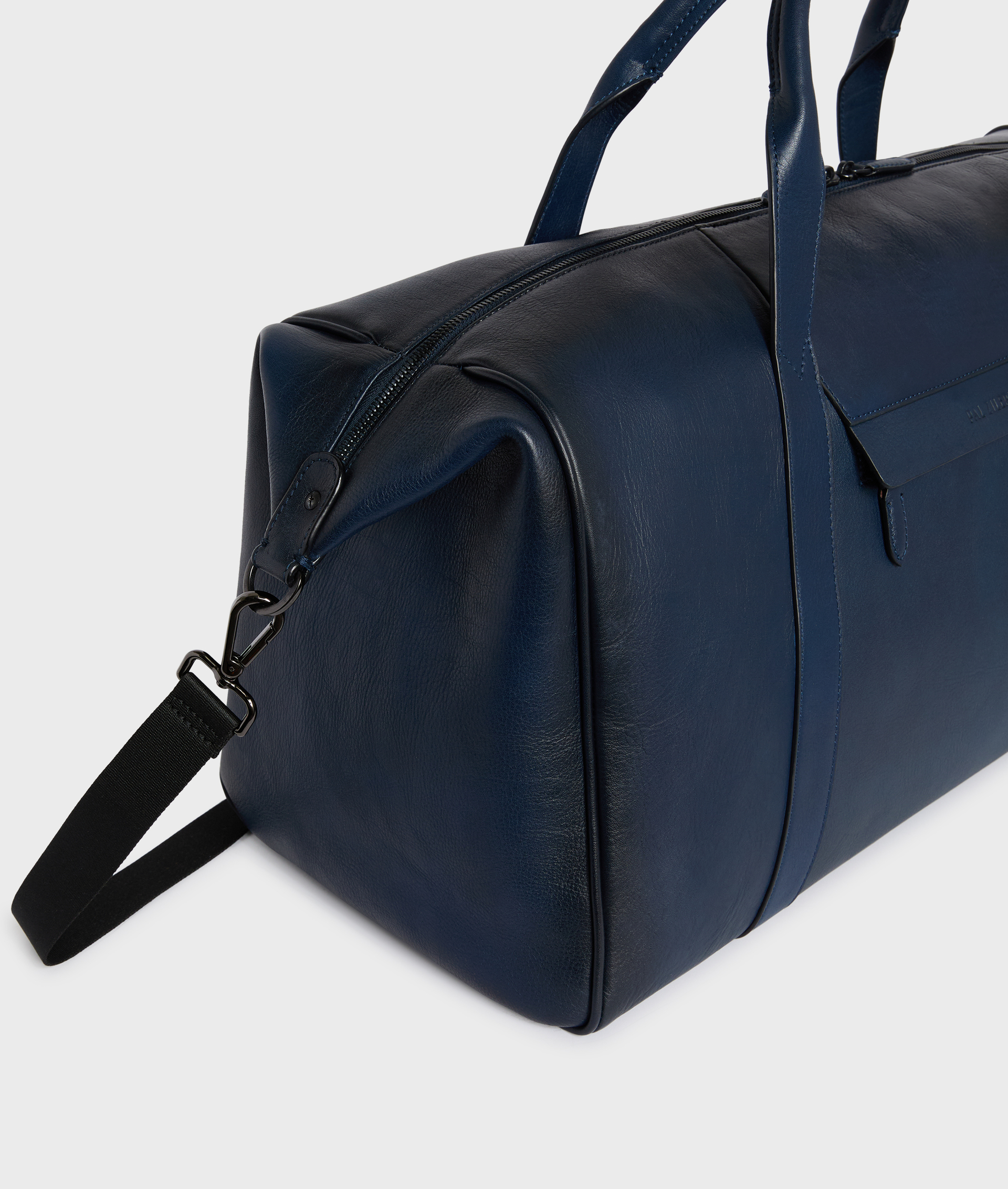 NAVY BLUE VEGETABLE TANNED CALFSKIN TRAVEL BAG WITH SHOULDER STRAP