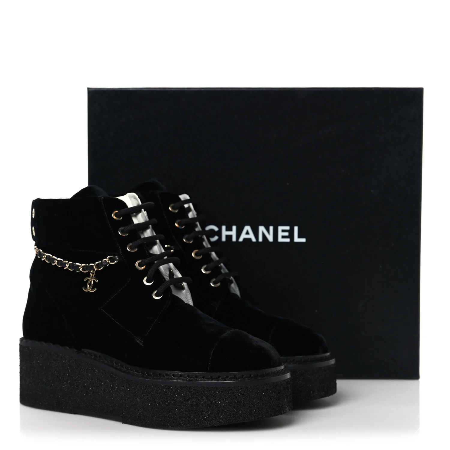 Velvet Chain Lace Up CC Short Boots 37 Black