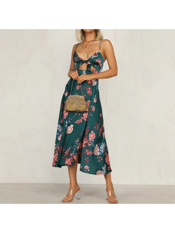 Robe fendue imprimée satinée