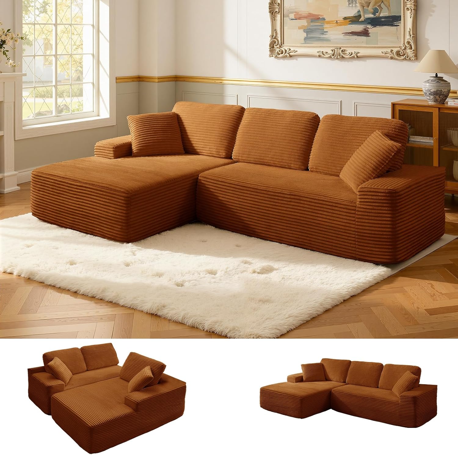 109.4” Modular Sectional Sofa, Convertible Sofa Bed, No Assembly Required Cloud Couch with Deep Seat, Modern L-Shaped Boneless Sofa for Living Room (Orange)