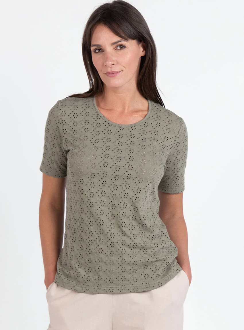 Tee-shirt femme en maille ajourée coton vert kaki