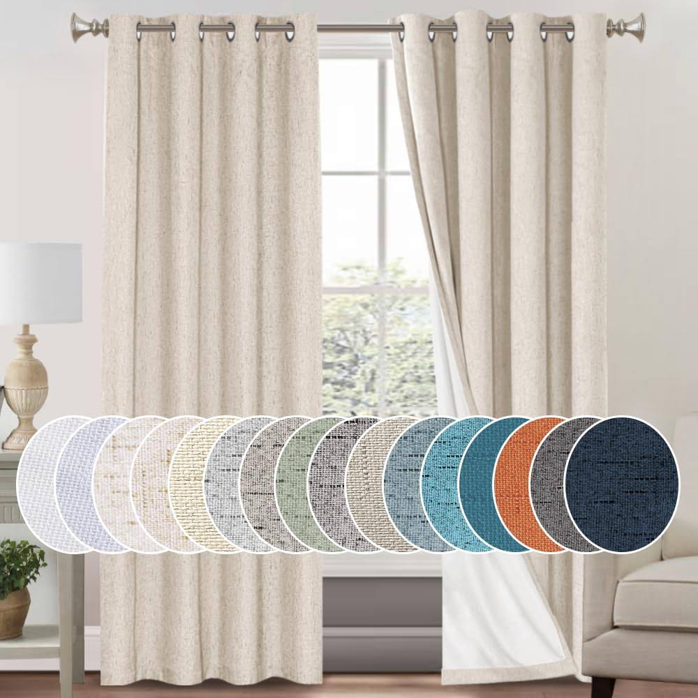 PrinceDeco Primitive Textured Linen 100% Blackout Curtains for Bedroom/Living Room Energy Saving Window Treatment Curtain Drapes, Burlap Fabric with