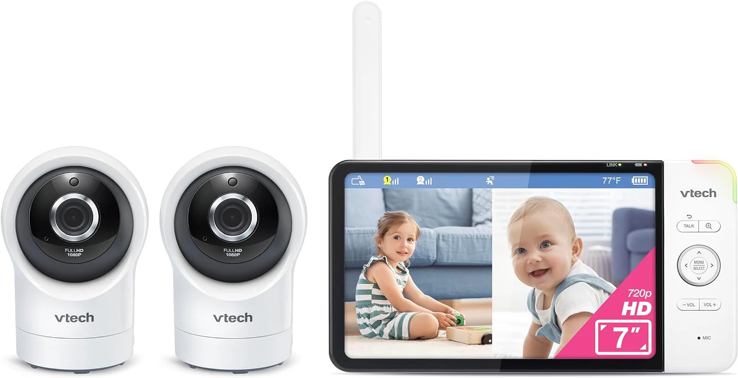 1080p Smart WiFi Remote Access 2Camera BabyMonitor, 360° Pan&Tilt, 10X Zoom, 7” 720p HD Display & NightVision, Soothing Sounds, 2-Way Talk, Temperature&Motion Detection, iOS&Android