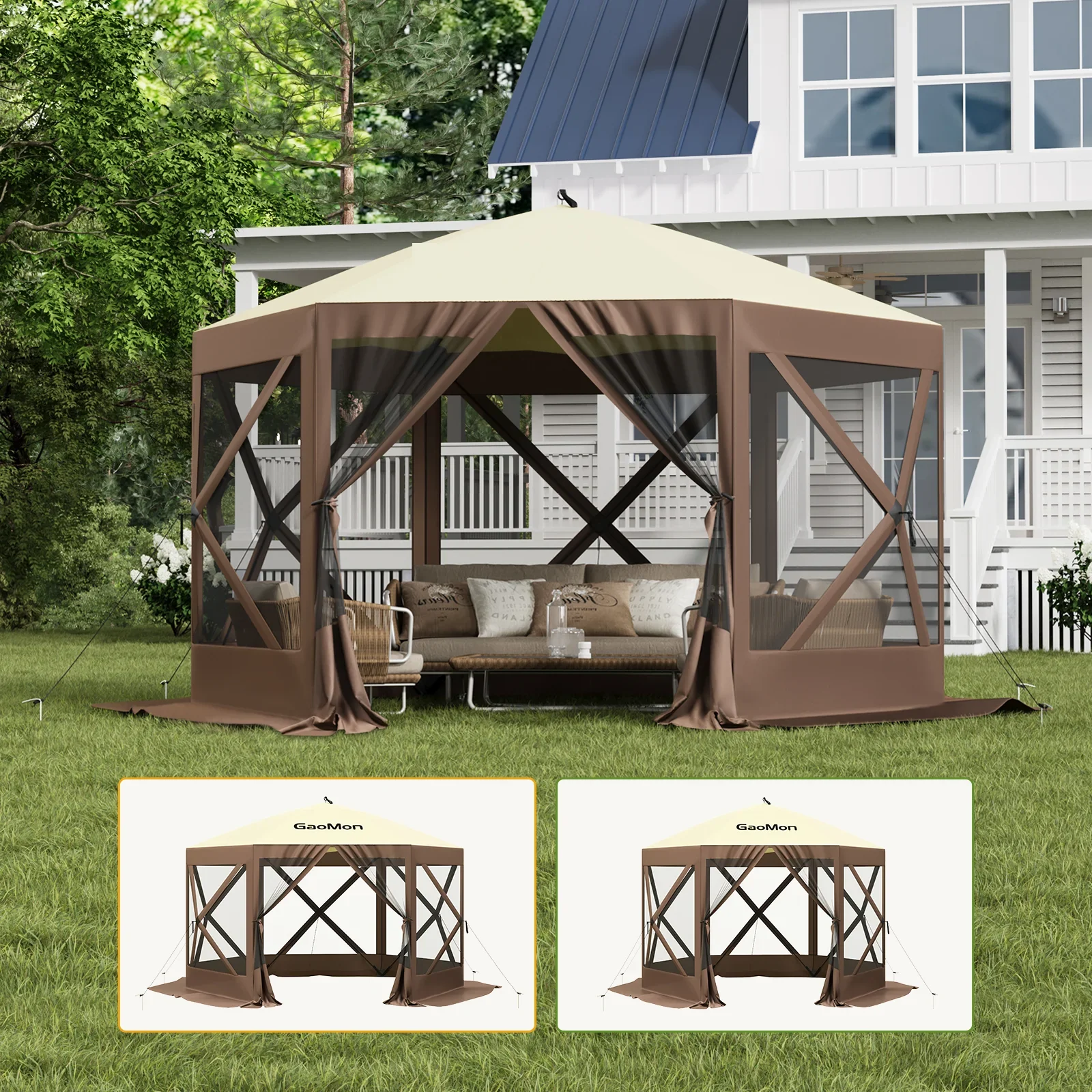 Pop Up Gazebo,Portable Outdoor Camping Canopy Screen Tent With Waterproof 6 Sidewalls&Mosquito Netting,Easy Up Windproof & Waterproof Party Tent For Lawn Garden Backyard,Grey/Brown