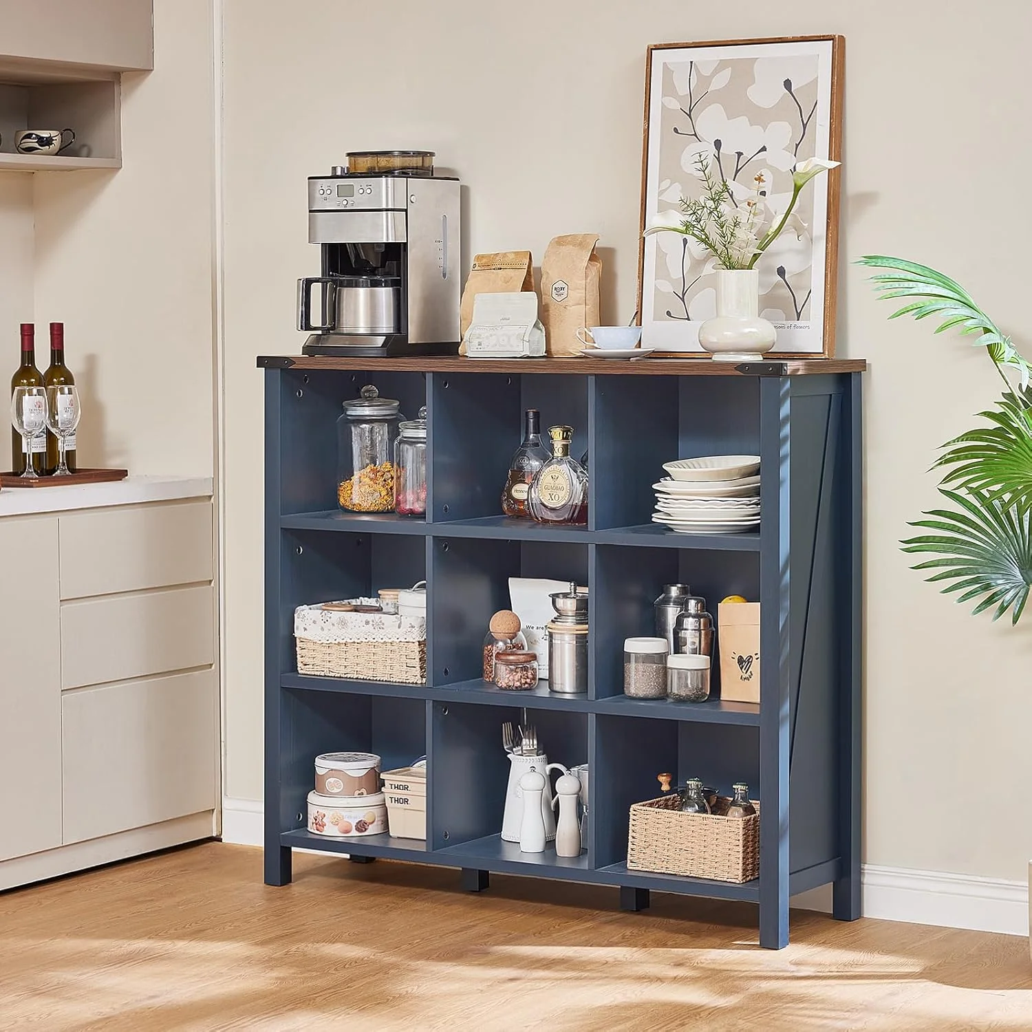9 Cube Bookcase, Farmhouse 47 Inch Wide Navy Blue Bookshelf, Wooden 3 Tier Display Large Open Book Shelf, Vintage Horizontal Book Case for Home Office, Cubby Storage Cabinet for Living Room(9 Cube (13.6 "D x 47.24 "W x 42.2"H)/Navy Blue) - Image 8