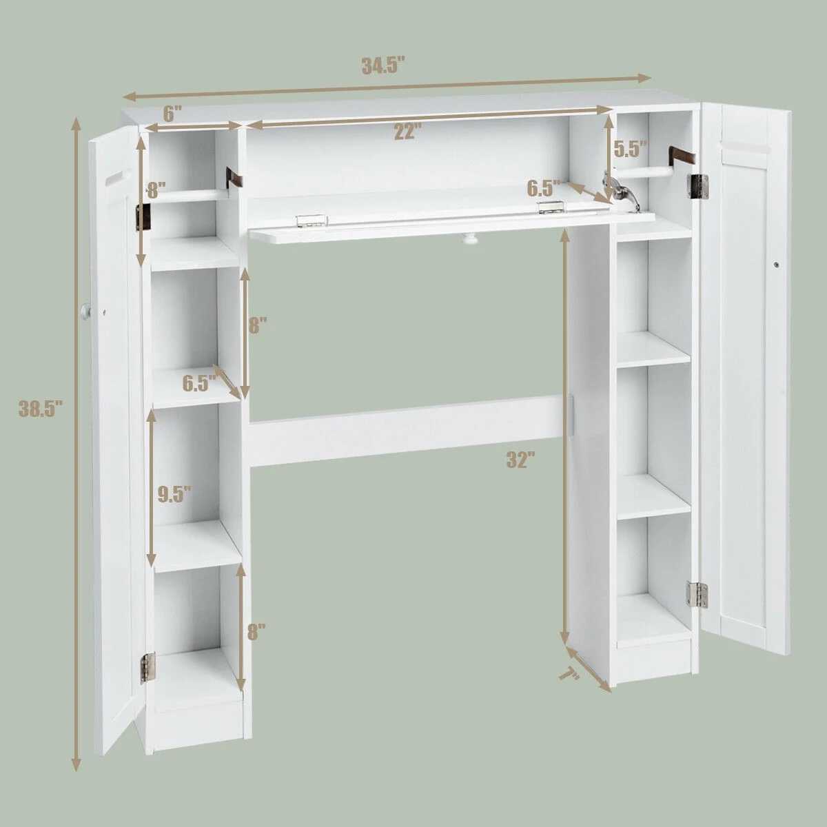 Wooden Cabinet Bathroom Spacesaver Over The Toilet Storage Cabinet w/ Drop Door White - Image 3