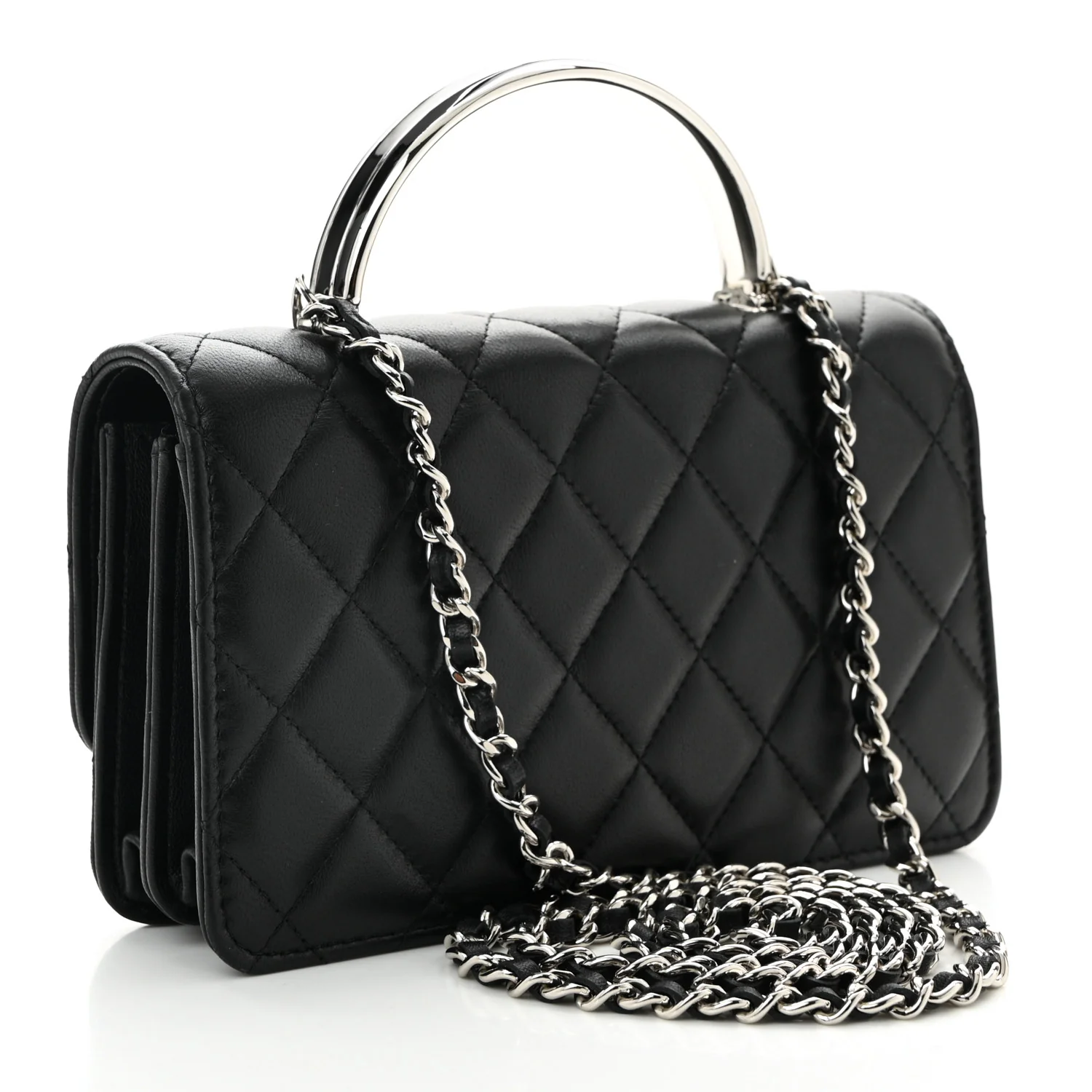 Lambskin Quilted Metal Top Handle Crossbody Flap Black