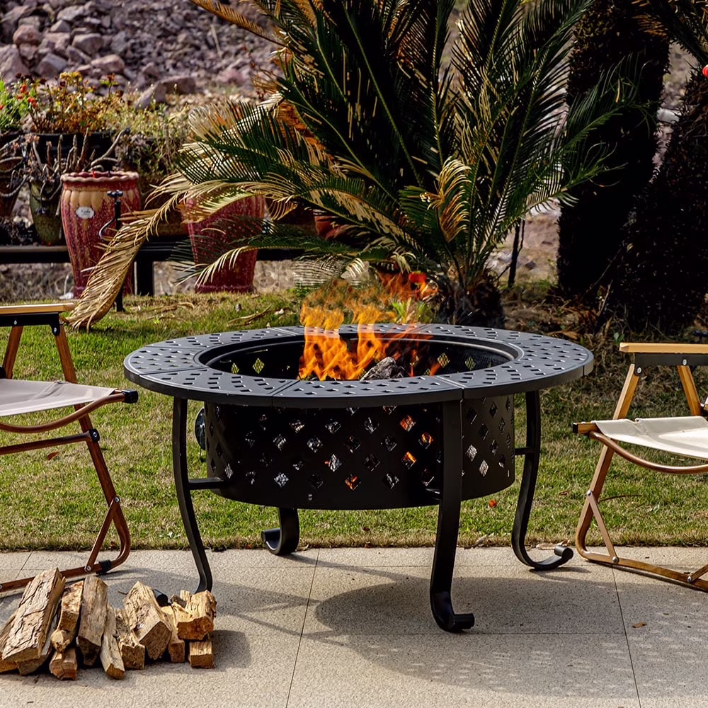 Outvue 36 in Metal Fire Pit with 2 Grill and Lid for Outside, Garden