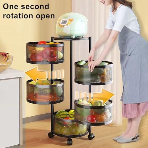 Rotating Fruit Basket, 5-Tier Metal Sturdy Kitchen Storage Rack Shelf Carts No Assembly On Rolling Wheels For Fruit Vegetable Grocery Corns