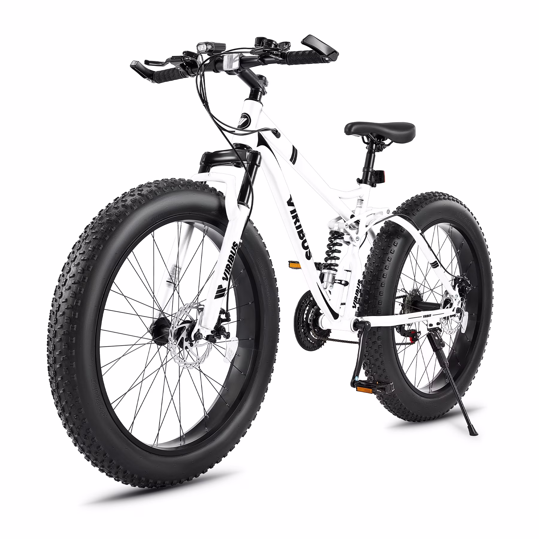 VIRIBUS 26 Fat Tire Mountain Bike Full Suspension Bike with 21 Speeds Disc Brakes White