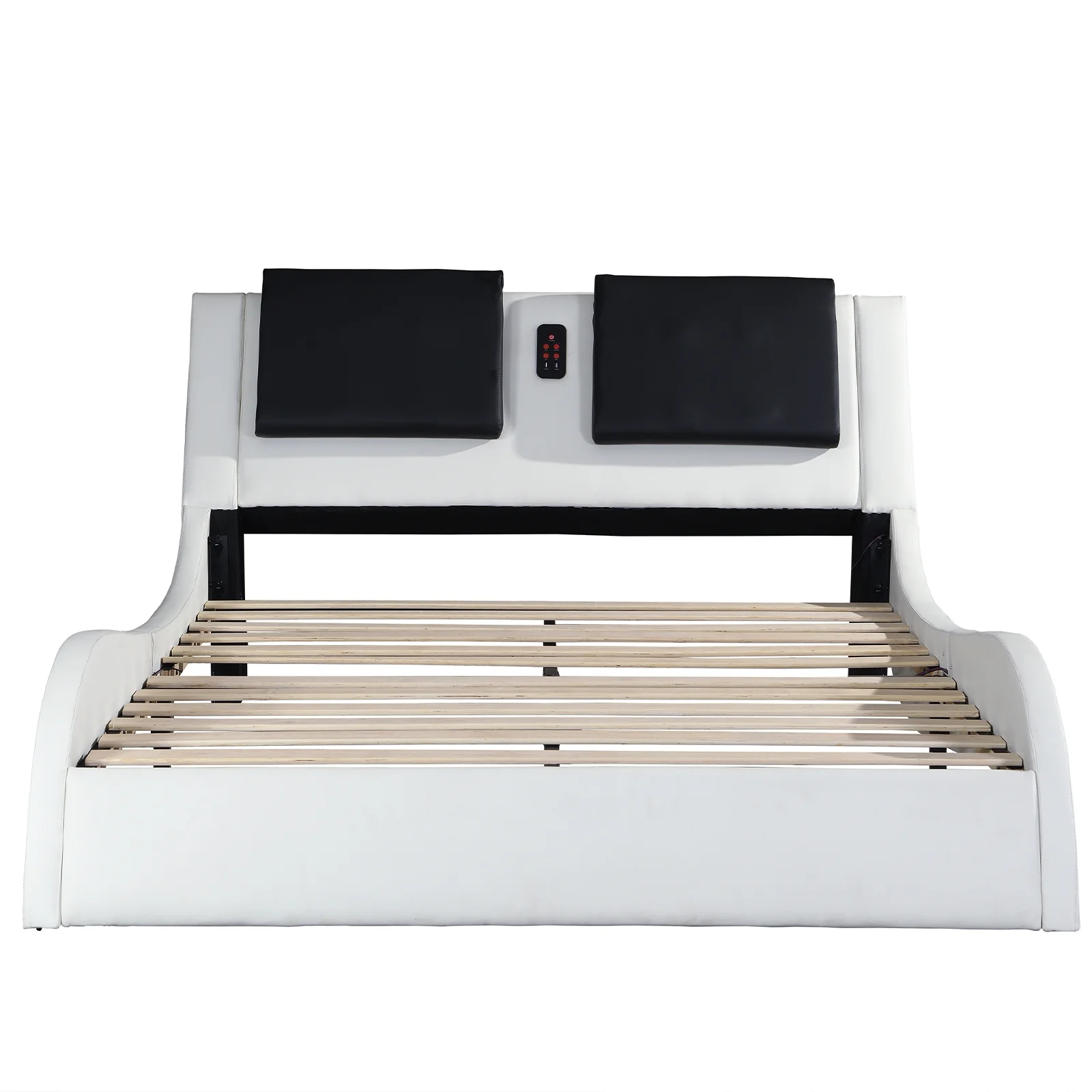 King Size Platform Bed Frame wth LED Light And USB Charging Ports Headboard, Wave-Like Curve Backrest Vibration Massage Upholstered Faux Leather Bed for Home(White1-1) - Image 5