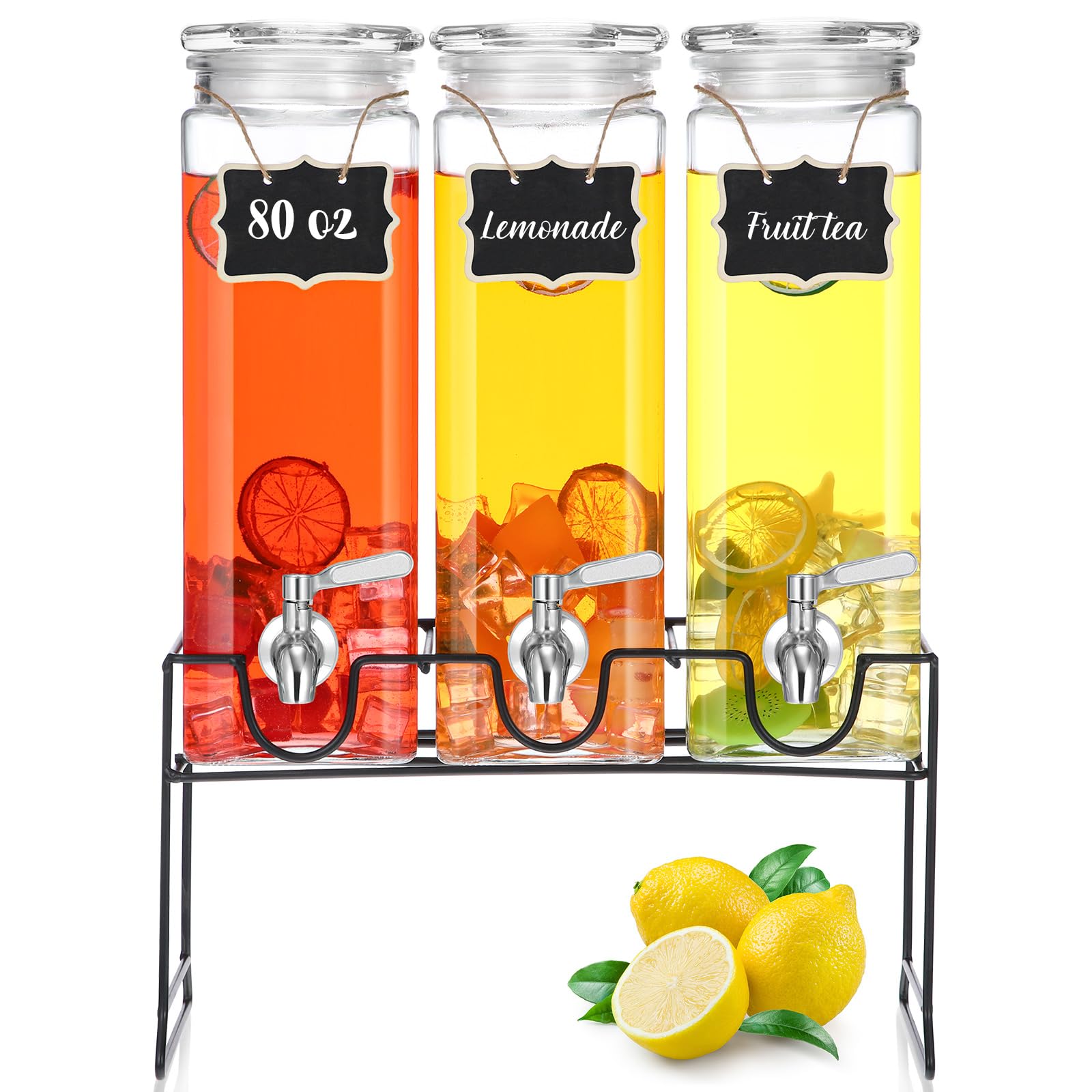 3 Pack 80 oz Tall Glass Drink Dispenser with Stand, Lid, Label and Stainless Steel Leakproof Spigot Beverage Water Dispenser Clear Mason Jar for Party Fridge(Square)