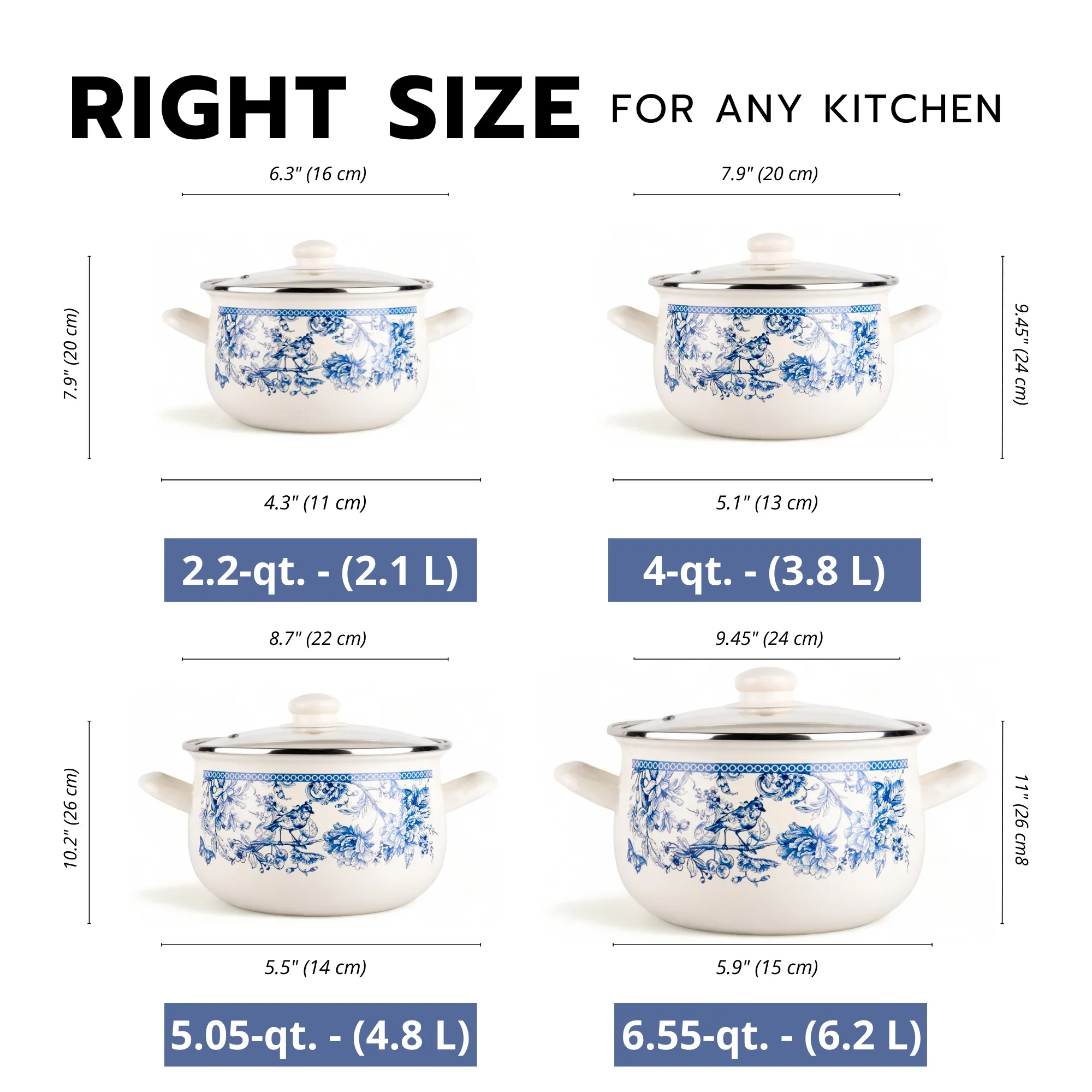 STPgoods Enameled Aluminum Belly Deep Stock Pot with Lid Set of 2 Vegetable Garden Cooking Pot Set 2.2 Qt 4 Qt 5.05 Qt and 6.55 Qt Enamel Soup Pots