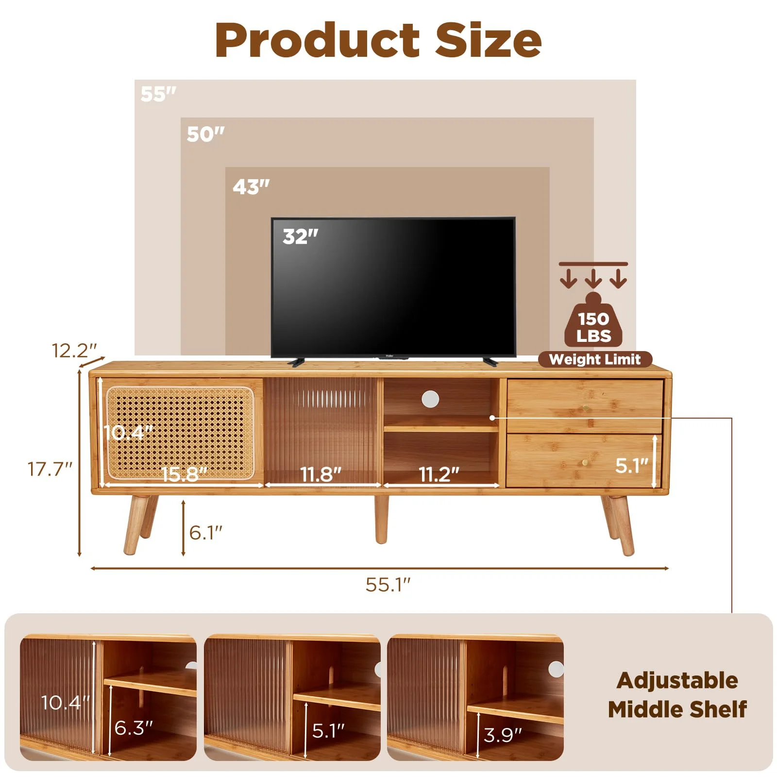 AECOJOY Rattan Boho TV Stand for TVs up to 65 inch, Entertainment Center with Rattan Door, Height-Adjustable Shelves & 4 Cabinets & Drawers