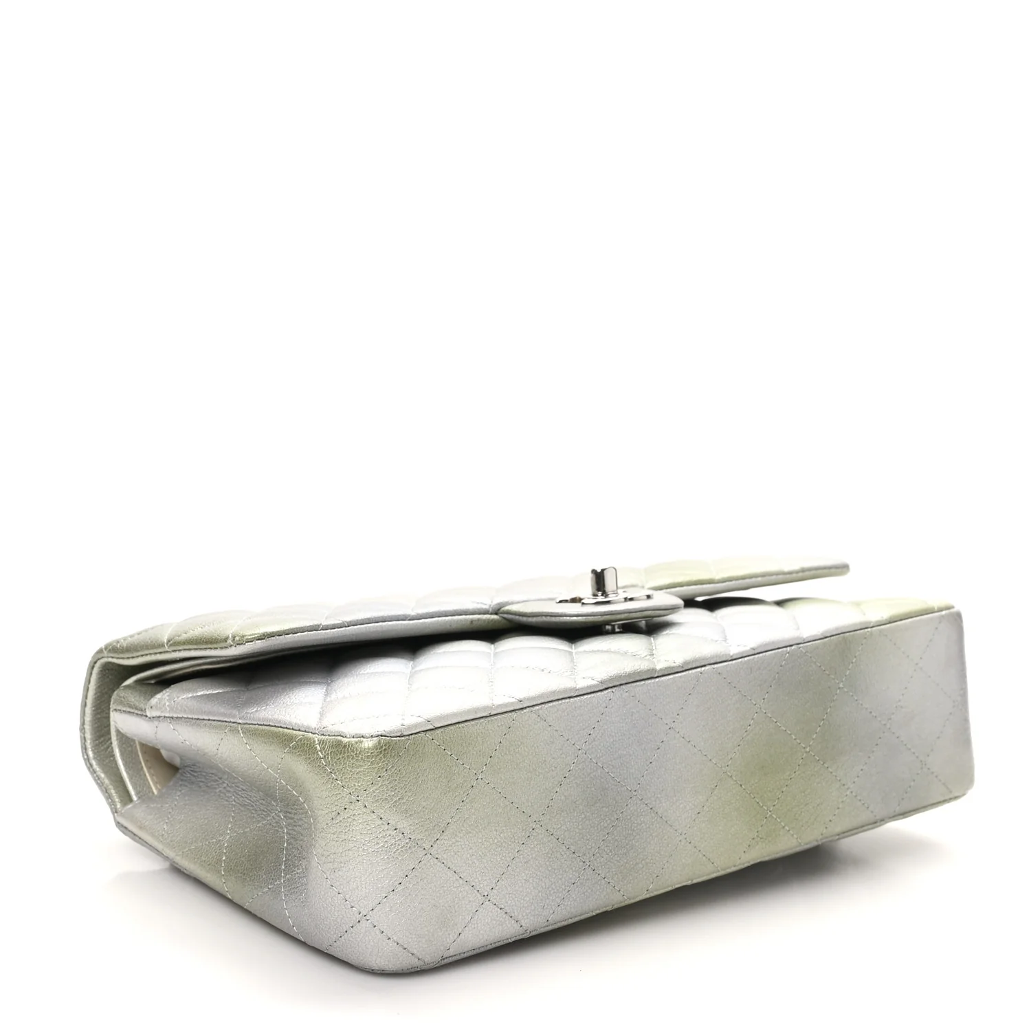 Metallic Goatskin Quilted Ombre Medium Double Flap Grey Green