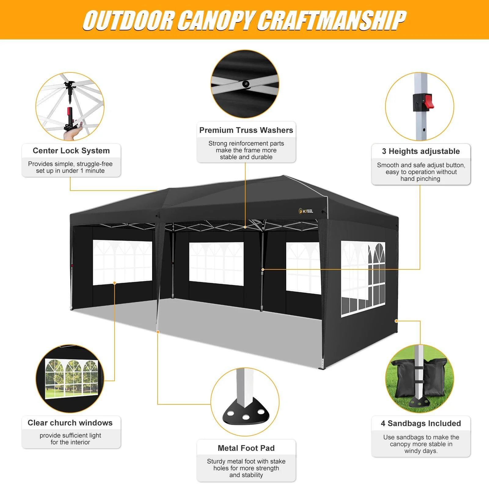 10x20 Pop up Canopy with Sidewalls, One Push Outdoor Tents for Parties Waterproof Canopy Tent with Reinforce Rod,Easy Setup Event Tent with Sandbag for Backyard,Camping,Market,Black(Black) - Image 4
