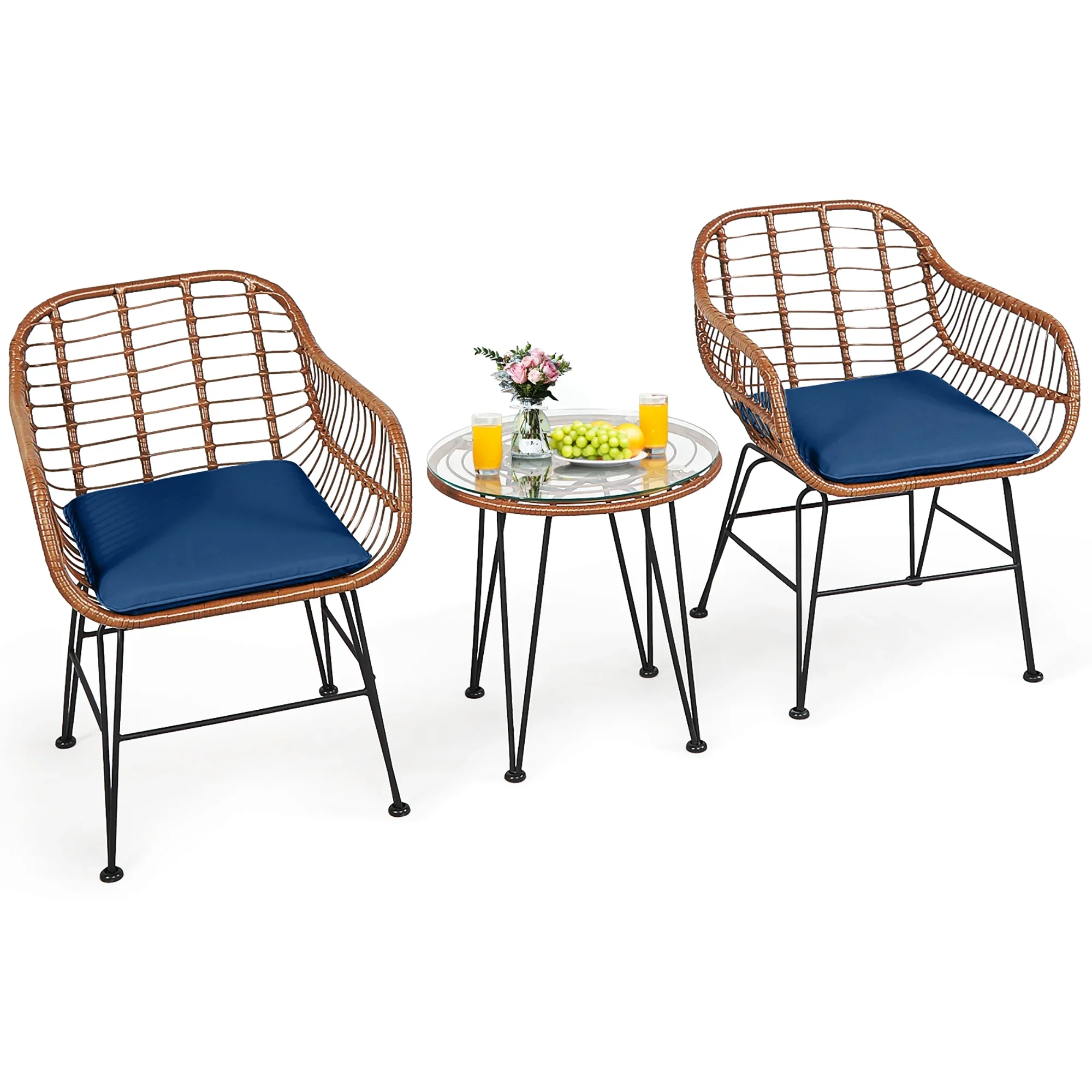 Costway 3PCS Patio Rattan Bistro Set Coffee Table Armchair Garden Red Cushion