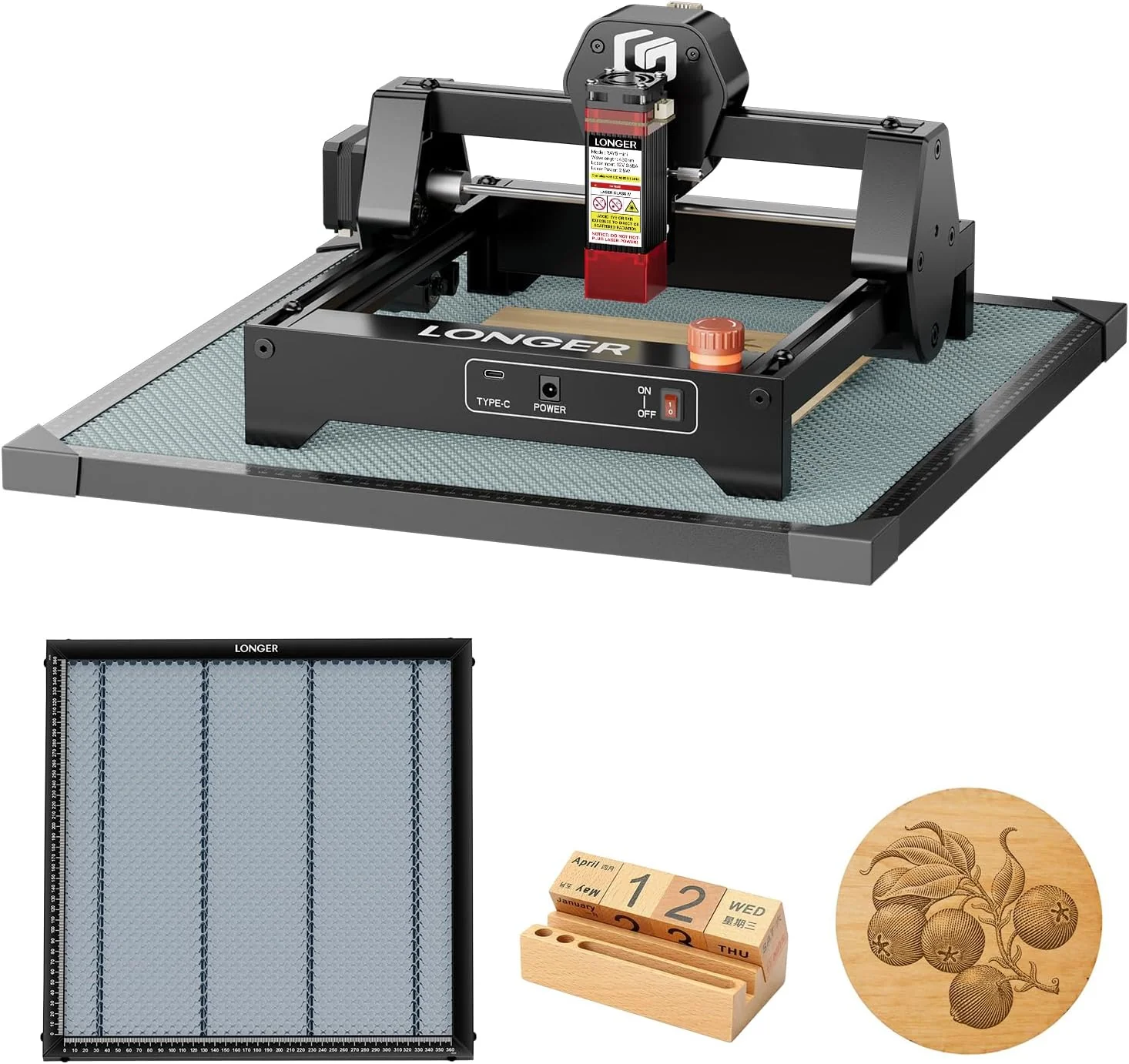 Graveur laser LONGER RAY5 Mini 2,5 W avec plateau alvéolé de 40 x 40 cm, découpe haute vitesse de 12 000 mm/min pour bois, métal, acrylique, cuir, CNC DIY, zone de gravure de 130 x 140 mm, Wi-Fi, arrêt d'urgence.
