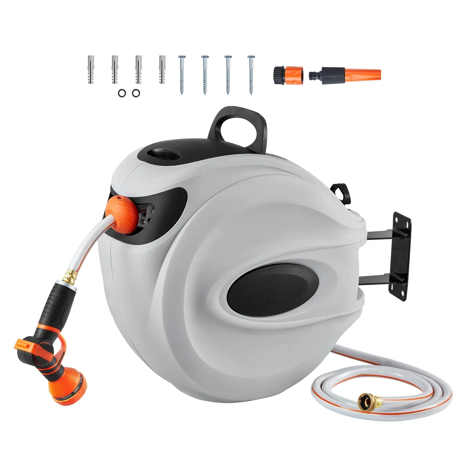BENTISM Retractable Hose Reel, 65 ft x 5/8 inch, 180�� Swivel Bracket Wall-Mounted, Garden Water Hose Reel with 9-Pattern Nozzle, Automatic Rewind, Lock at Any Length, and Slow Return System