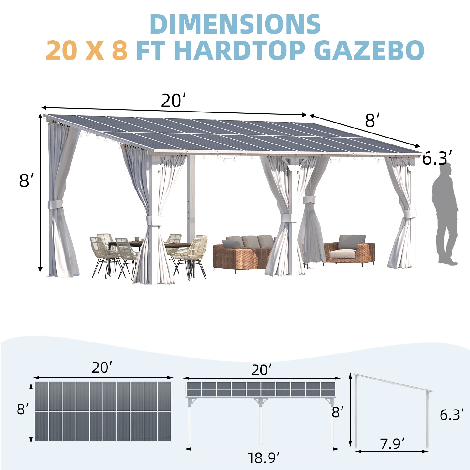 AECOJOY 20'x8' Wall Gazebo with Curtains and Mosquito Netting, White