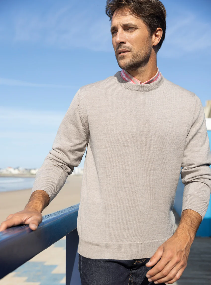Pull homme col rond laine merinos Beige Sable