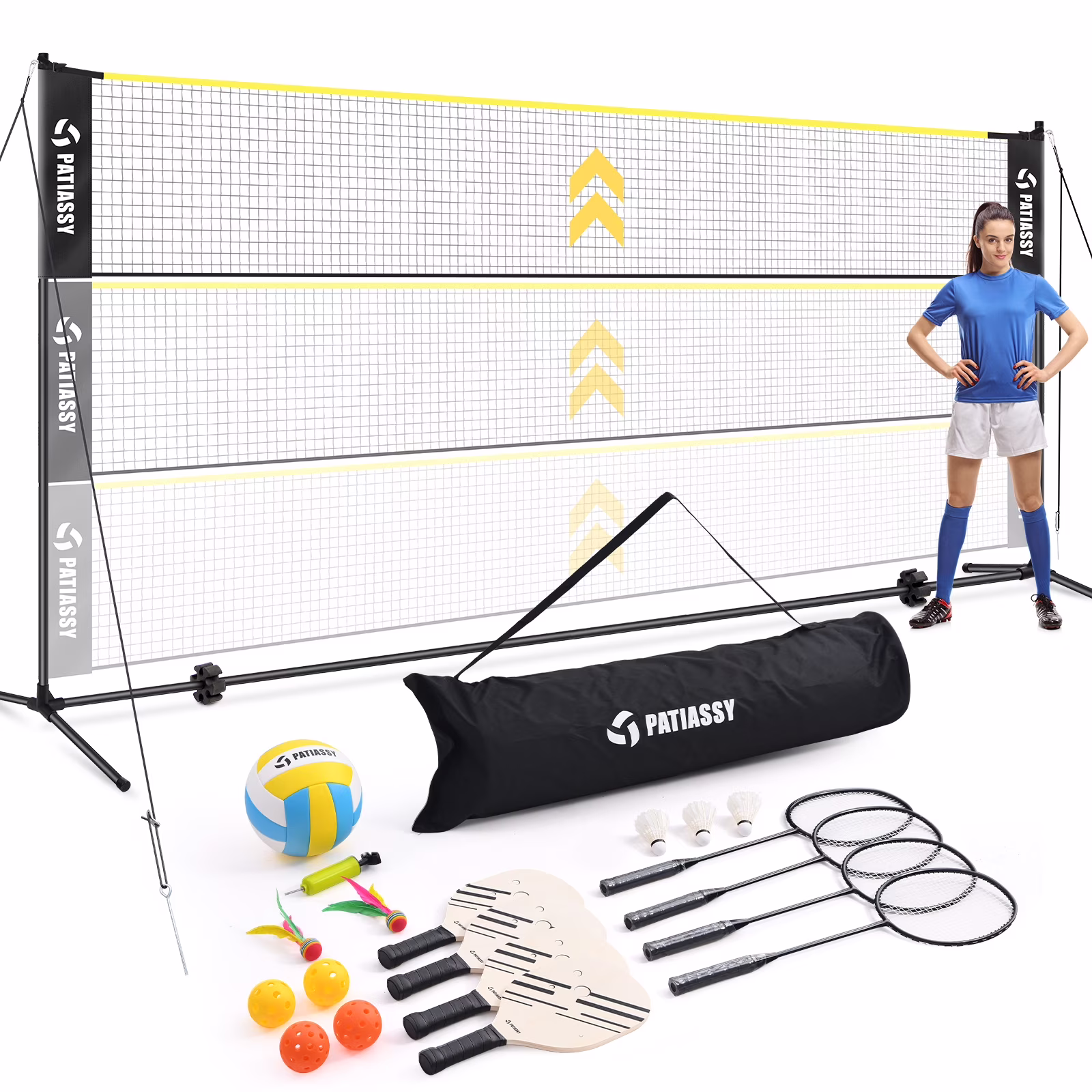 5.1ft-7.4ft Adjustable Height Volleyball Badminton Pickleball Net Set with Poles, 4 Rackets, 3 Shuttlecocks, 4 Pickleball Paddles, and Volleyball