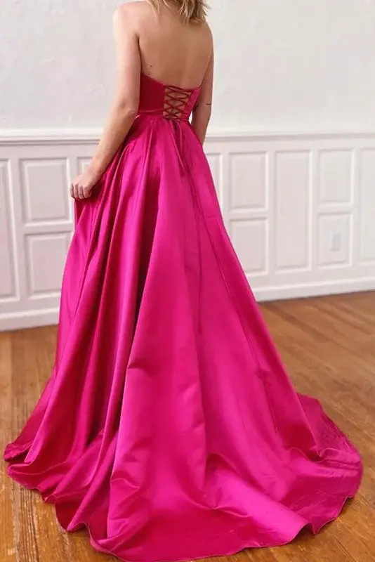 Princess A Line Satin Strapless Sleeveless Long Prom Dresses With Pockets DM1818