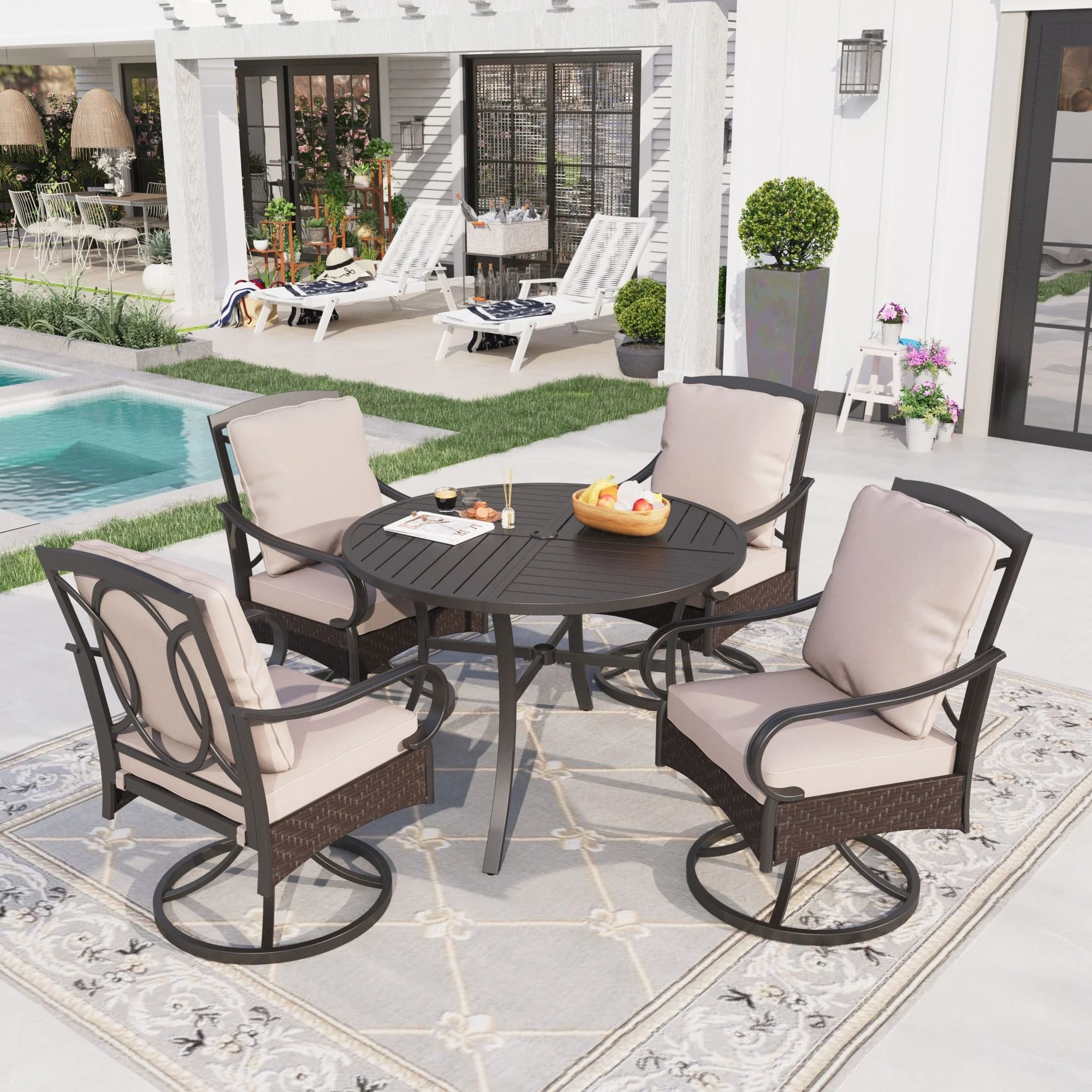 Patio Swivel Dining Chairs Set of 4 with Beige Cushions(4) - Image 8