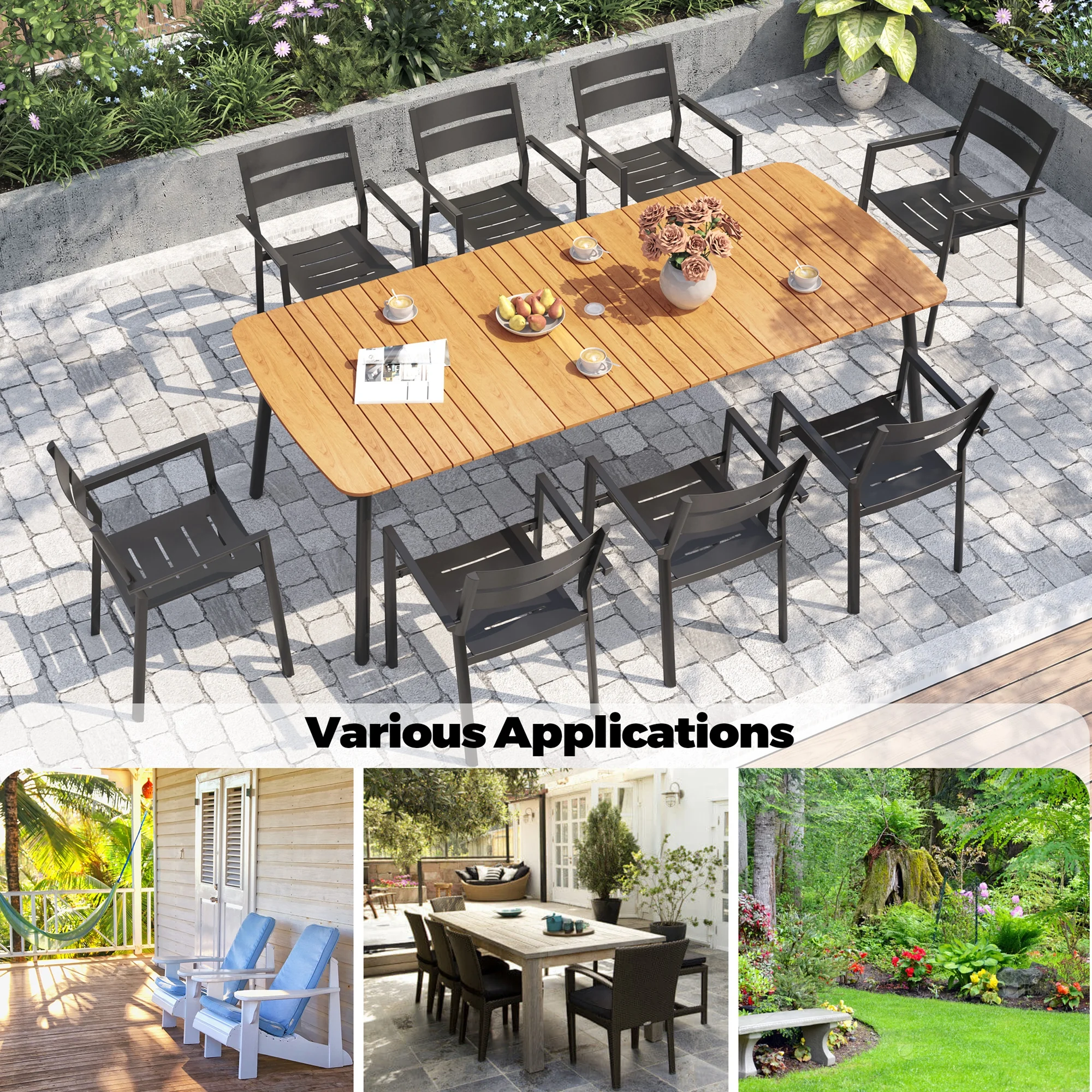 93" Outdoor Dining Table for 8–10 People, Patio Rectangle Table with Wood Like Tabletop and Umbrella Hole, Aluminum Frame for Garden, Lawn, or Backyard, Brown(92 9" x 42 1“ x 29 1“/Brown) Image 8