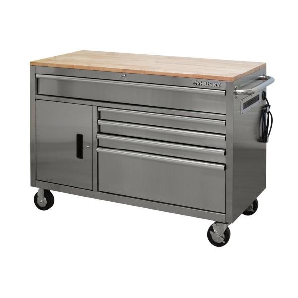 Coffre à outils mobile de 132 cm de large, 5 tiroirs, 1 porte, en acier inoxydable avec plateau en bois massif