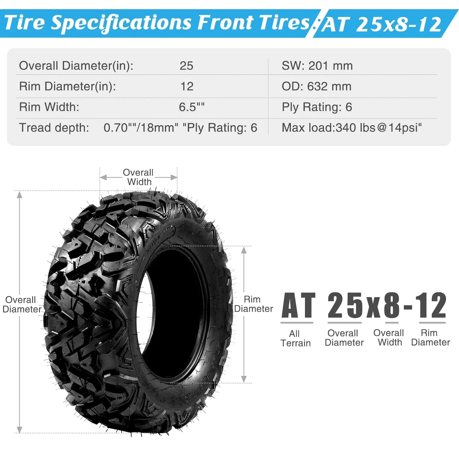 Ktaxon Set of 4 6PR All-Terrain ATV UTV Tires, 25x8 - 12 Front & 25x10 - 12 Rear, Tubeless