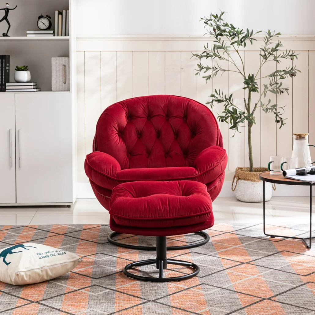 Swivel Accent Chair with Ottoman, Velvet Single Sofa Reading Chair with Metal Frame, Modern Tufted Armchair Comfy Lounge Chairs with Footrest for Living Room, Bedroom, Office, Red(Red) - Image 2