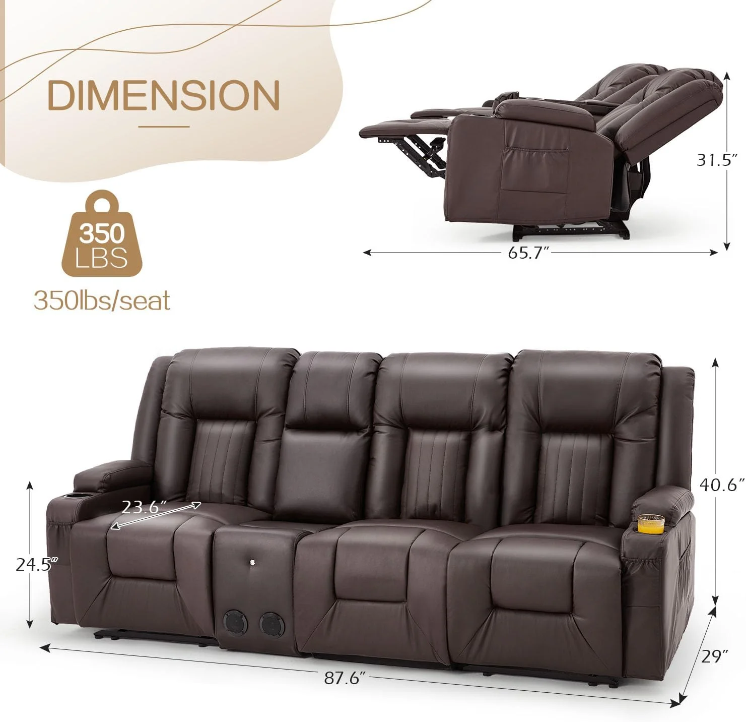AECOJOY 3 Seater Recliner Sofa with Console&Bluetooth Speakers, Manual RV Sofa Couch, Brown