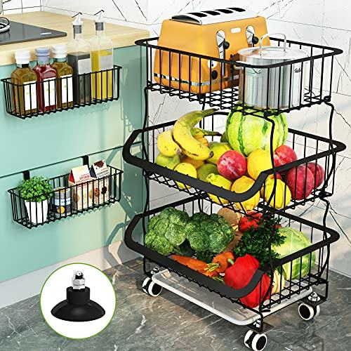 Fruit Vegetable Basket, 1easylife 5 Tier Stackable Metal Wire Basket Cart With Rolling Wheels, Utility Rack For Kitchen, Pantry, Garage With 2