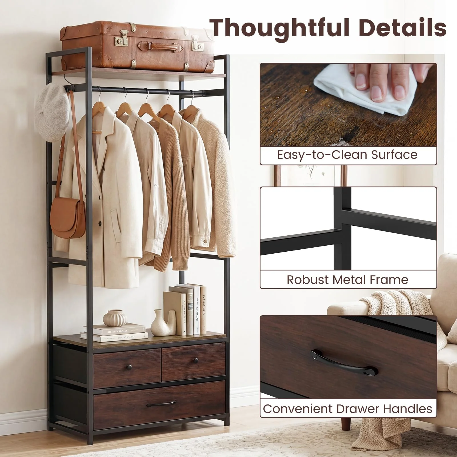Tangkula Freestanding Small Clothes Rack | Heavy Duty Coat Rack with Drawers