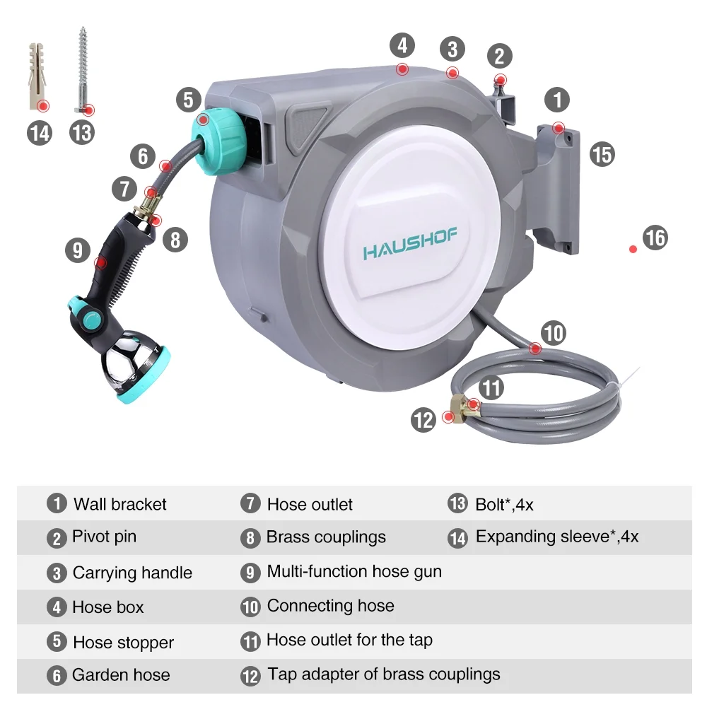 HAUSHOF 1/2 x 100 ft Retractable Garden Hose Reel with Automatic Rewind, 10-Pattern Spray Nozzle, Durable High-Pressure Hose, and 180�� Swivel Bracket �C Perfect for Watering Gardens, Cleaning Patios