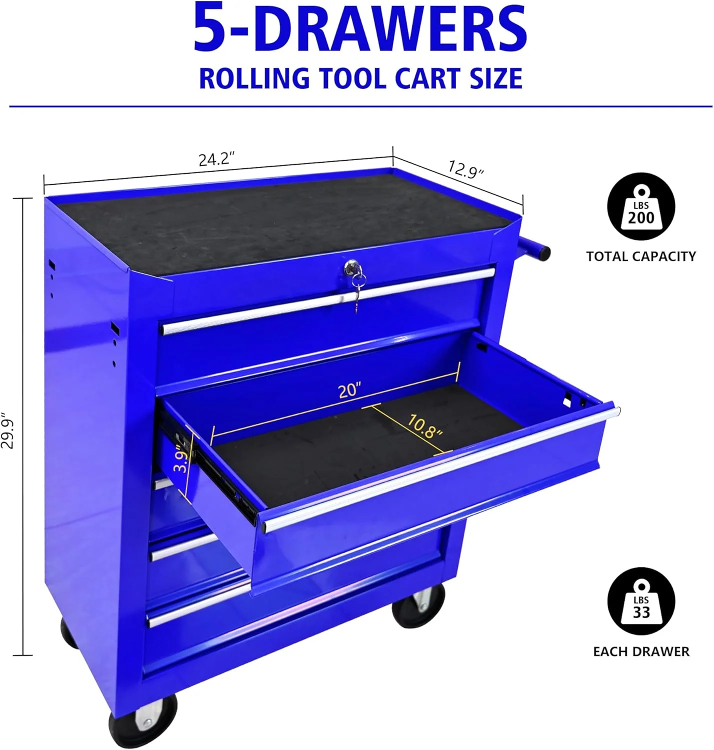 Tool Chests, 5-Drawer Rolling Tool Storage Cabinet with Detachable Tray, Multi-Functional Handles, Adjustable Shelves, Secure Locking System, Heavy-Duty Wheels, Ideal for Garage, Workshop(5-Drawers/Red) - Image 8