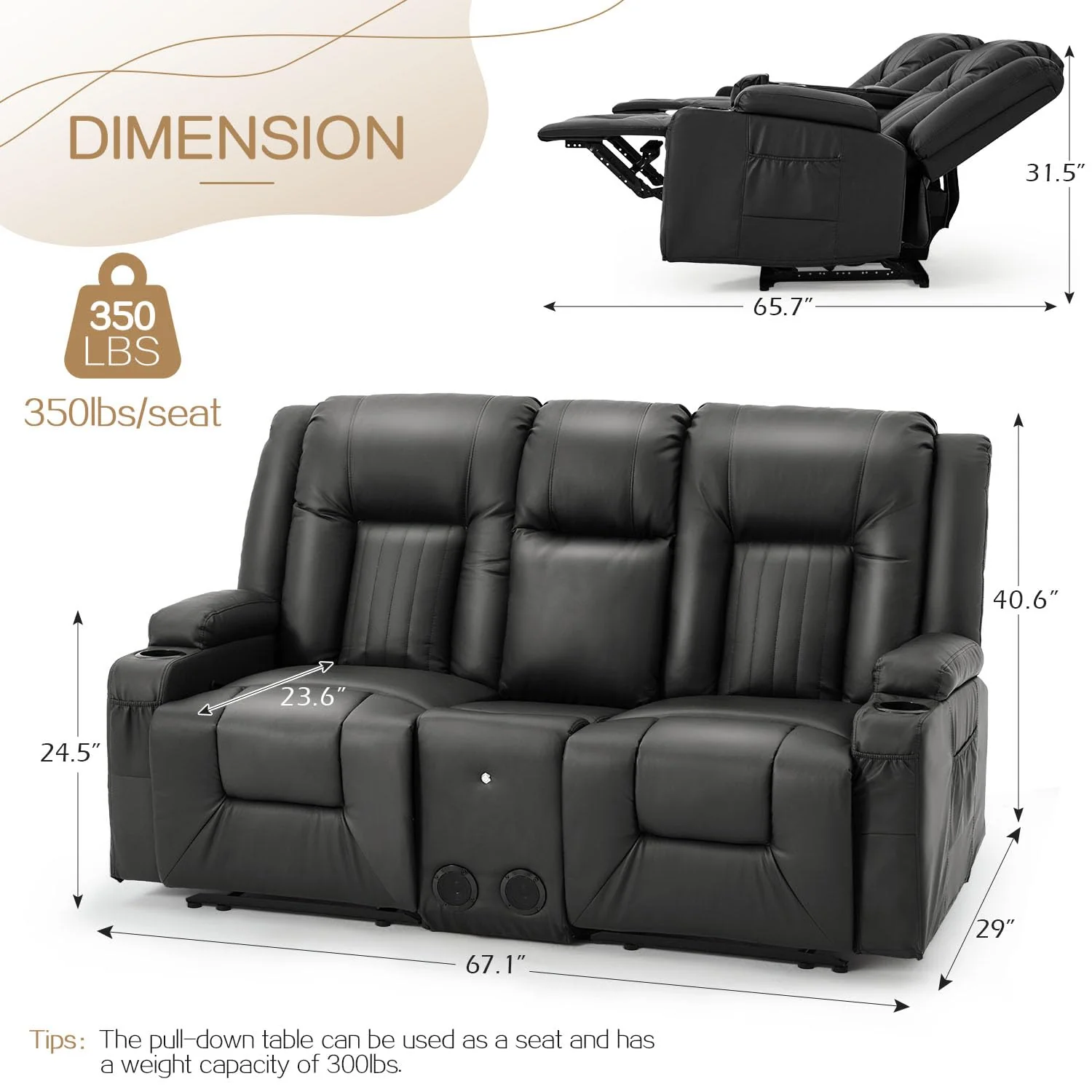 AECOJOY Recliner Loveseat with Console&Bluetooth Speakers, Manual RV Reclining Sofa, Black