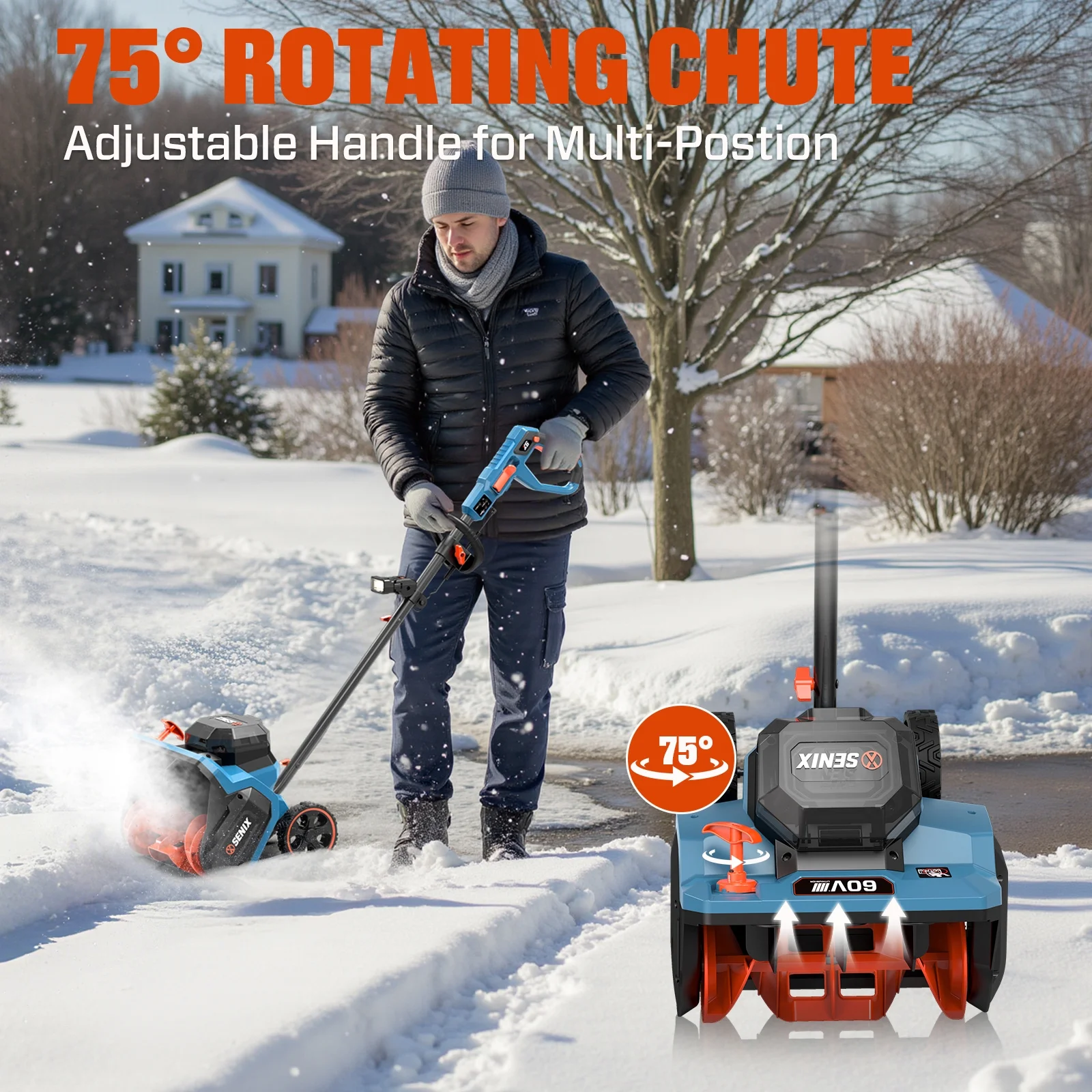 Brushless 60V 15-inch Cordless Snow Shovel with 6.0Ah Battery w/ Rear Wheels, 33ft Throw 600 lbs, 2-Speed Variable, Detachable LED Light, Telescopic Handle, Include 3A Charger, STX6-M(15") - Image 8