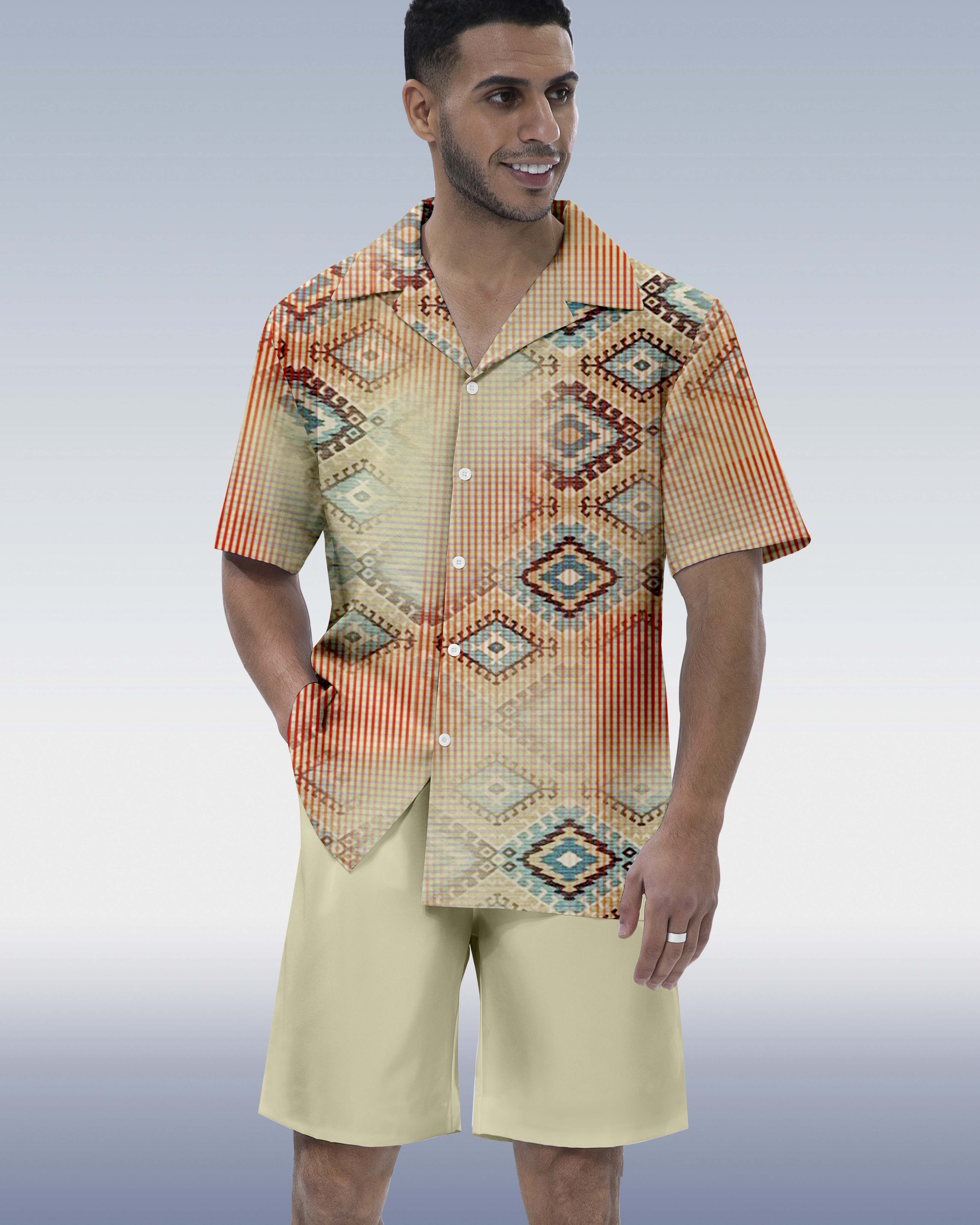 Costume homme à manches courtes, imprimé ethnique ombré contrasté, style hawaïen, référence 069