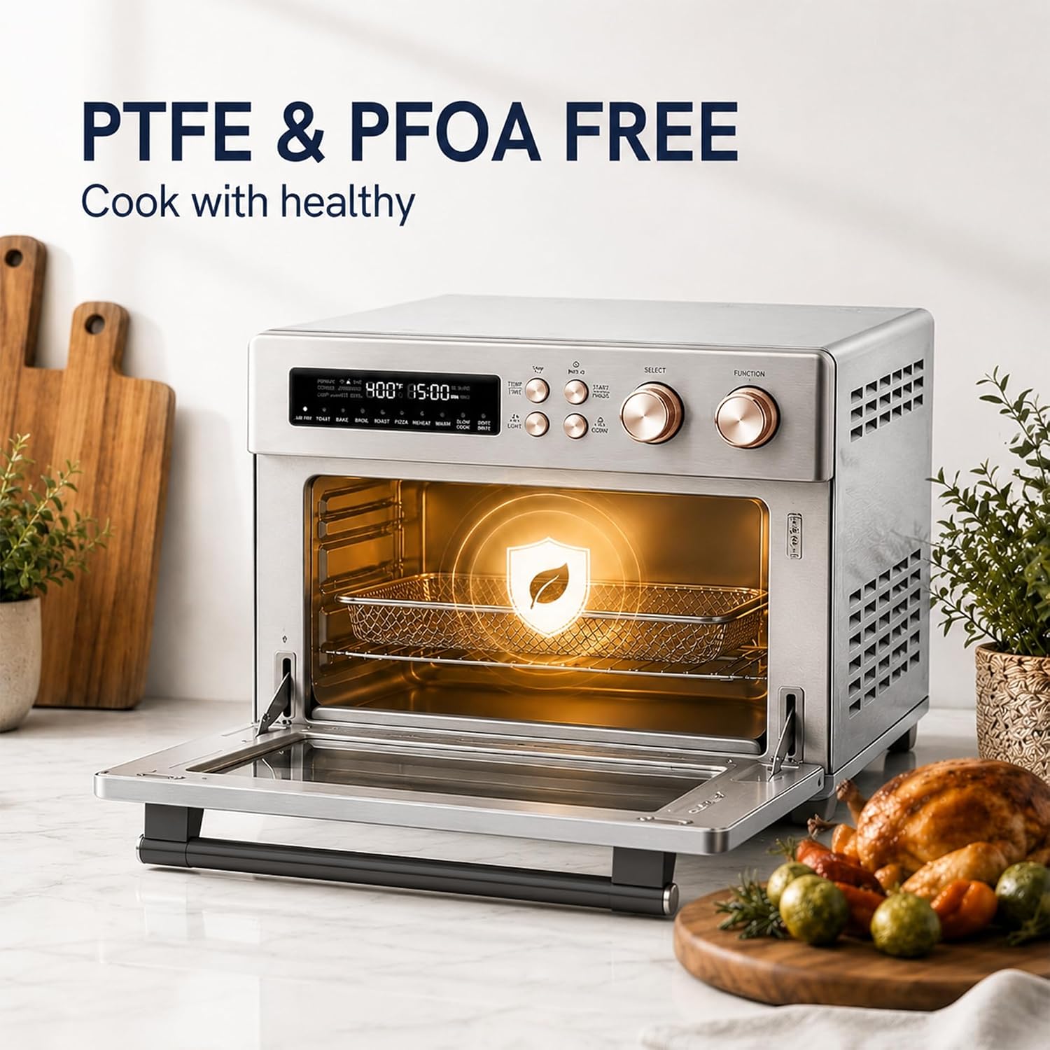 VAL CUCINA Infrared Heating 26.3 QT Air Fryer Toaster Oven, Large Countertop Convection Oven 10-in-1 Combo, 6-Slice Toast, Enamel Baking Pan Easy to Clean with Recipe Book, Brushed Stainless Steel Finish