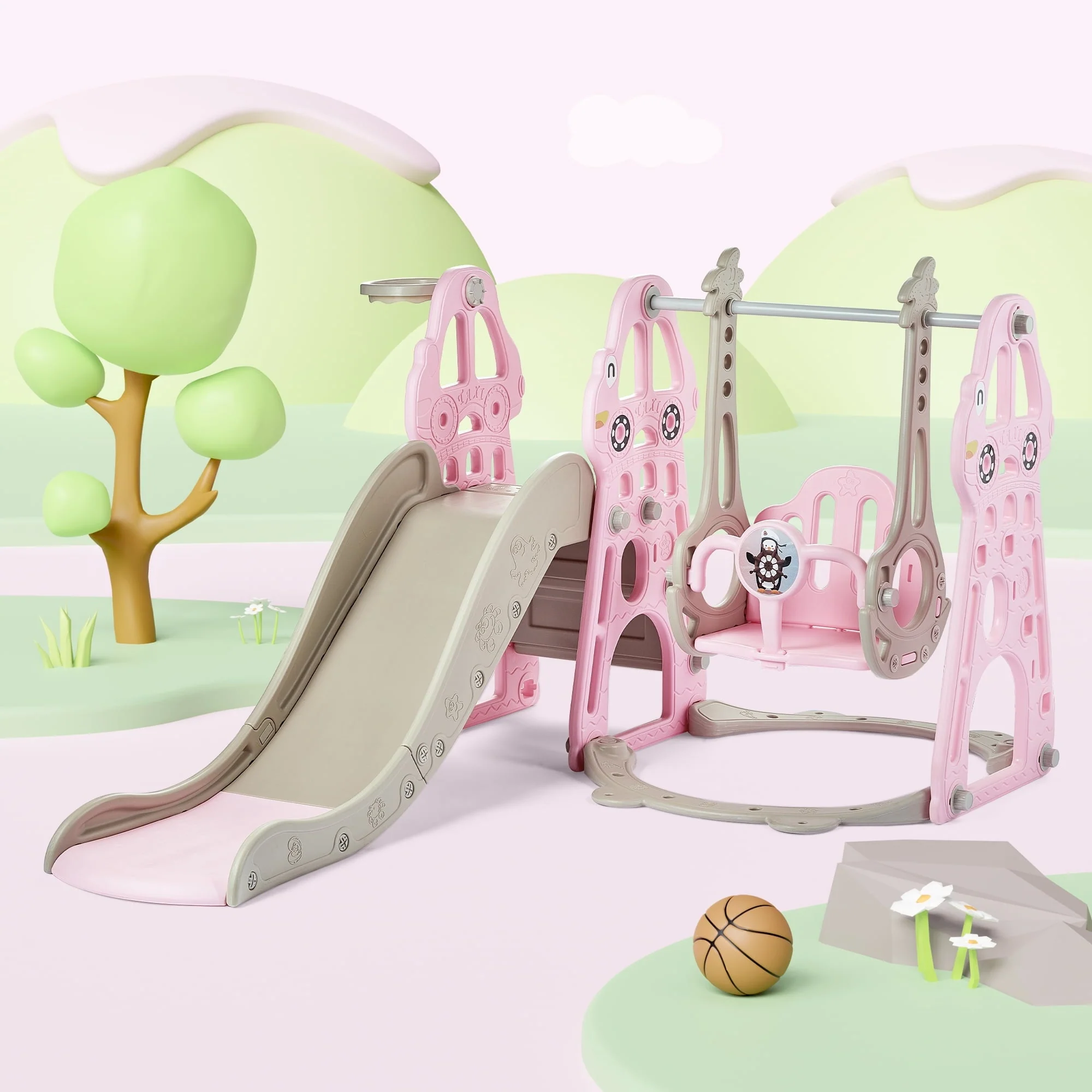 DUKE BABY 4 - in - 1 Kids Swing and Slide Set for Toddler Age 1 - 6, Extra Large Baby Indoor Outdoor Activity Playground with Basketball Hoop and Climber - Pink