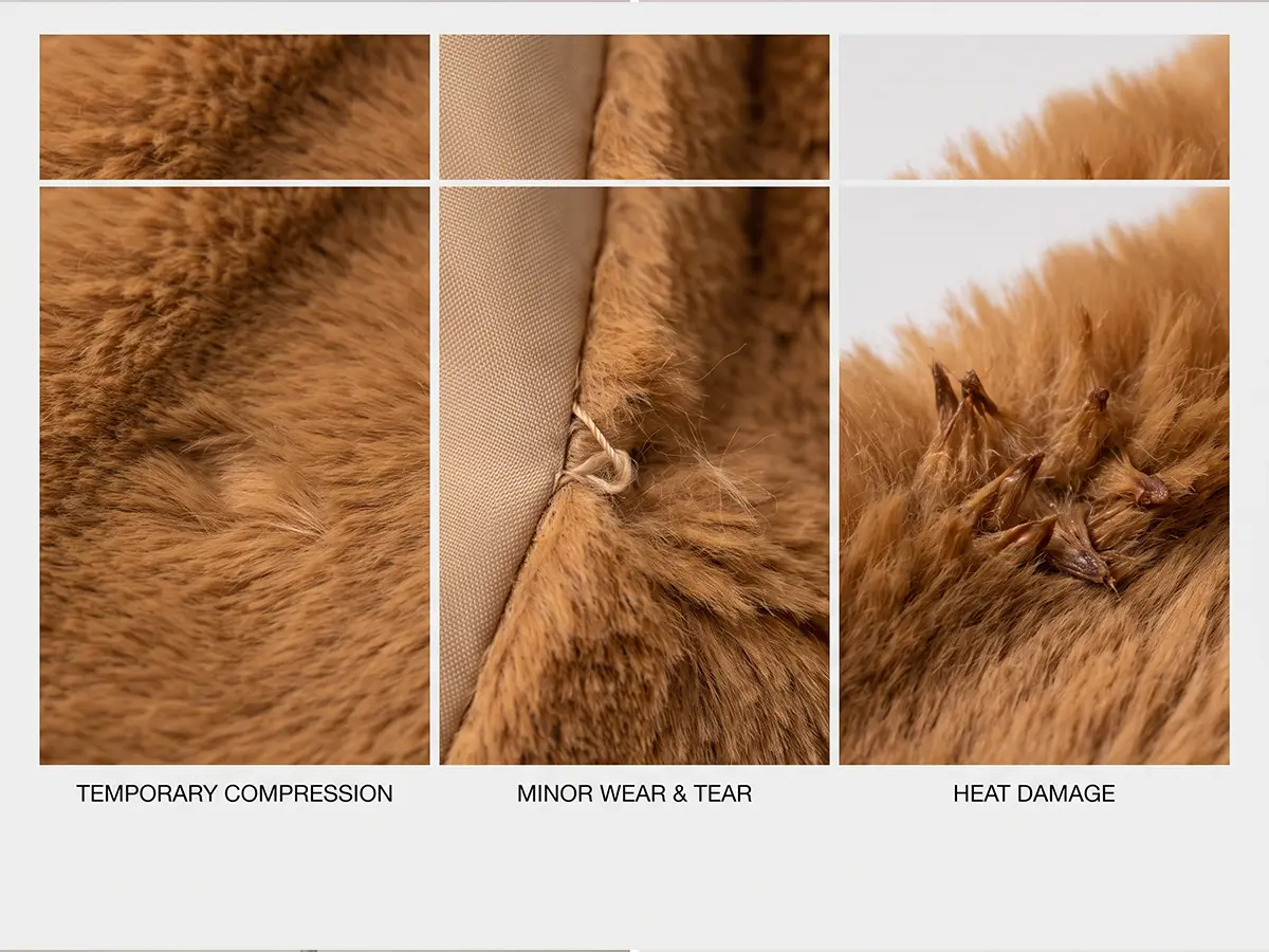 Faux fur examples showing compression, minor wear and heat damage