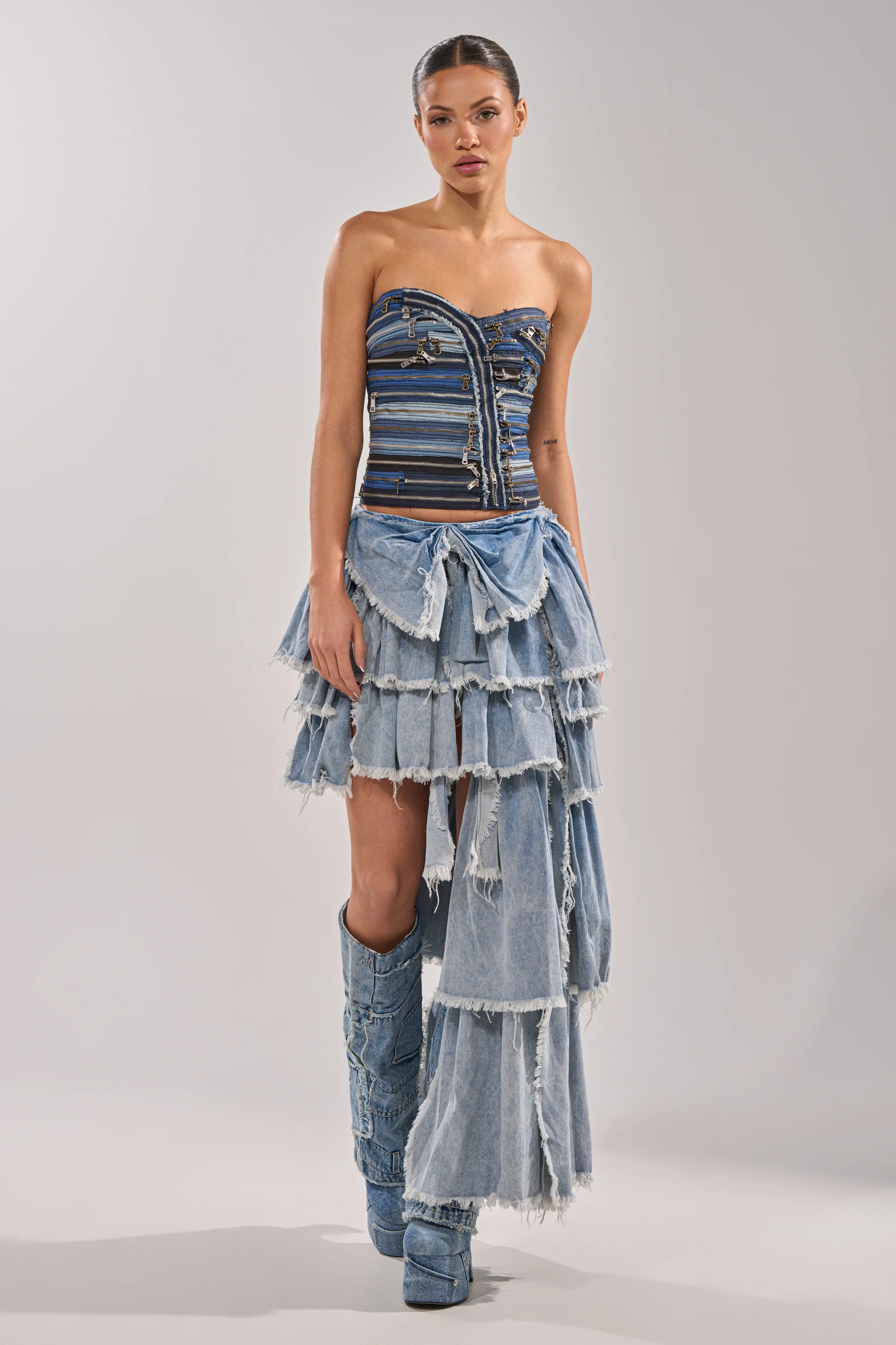 DISTRESSED TIERED ASYMMETRIC MIDI SKIRT - Akira Store