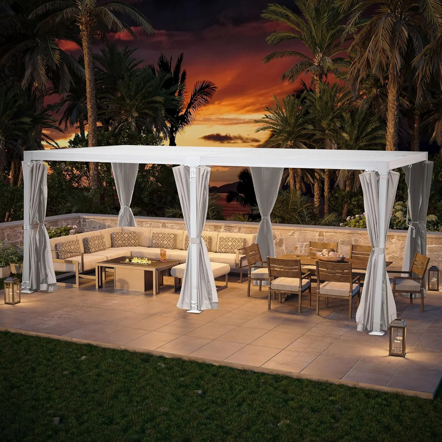 GAZEBETER 10' x 20' Louvered Pergola, Outdoor Aluminium Pergola with Adjustable Roof, Curtains and Netting, Hardtop Gazebo for Patio, Deck, Garden, Yard, Beach, White