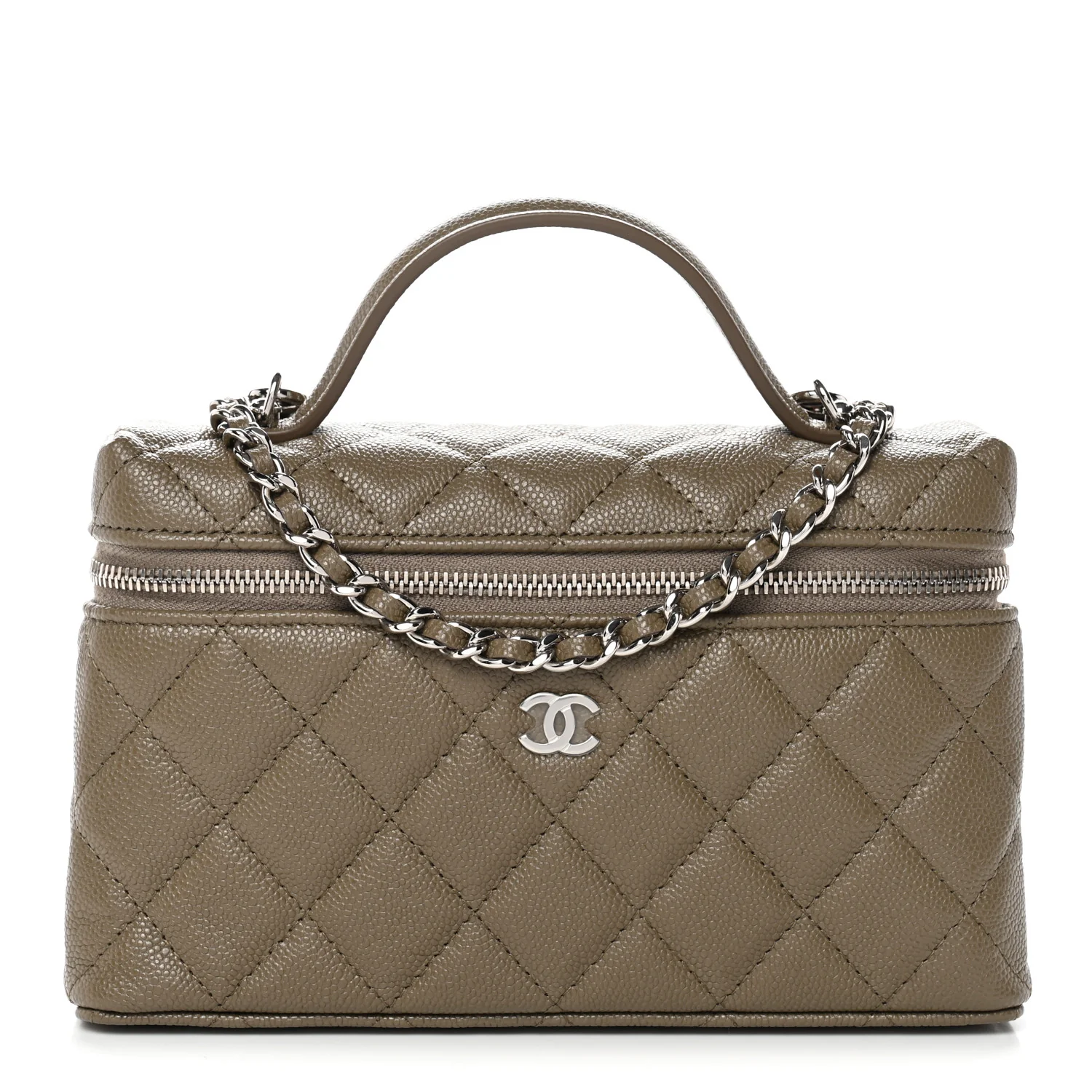 Caviar Quilted Top Handle Slim Vanity With Chain Dark Khaki