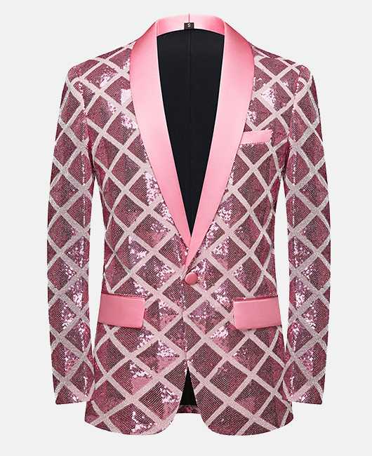 Blazer élégant à carreaux et sequins, col châle, un bouton, coupe ajustée