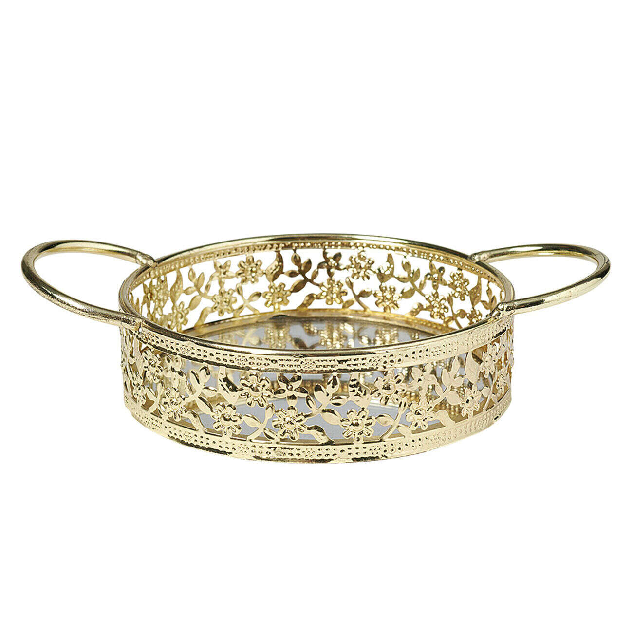 Plateau déco dorée fond en verre avec poignées