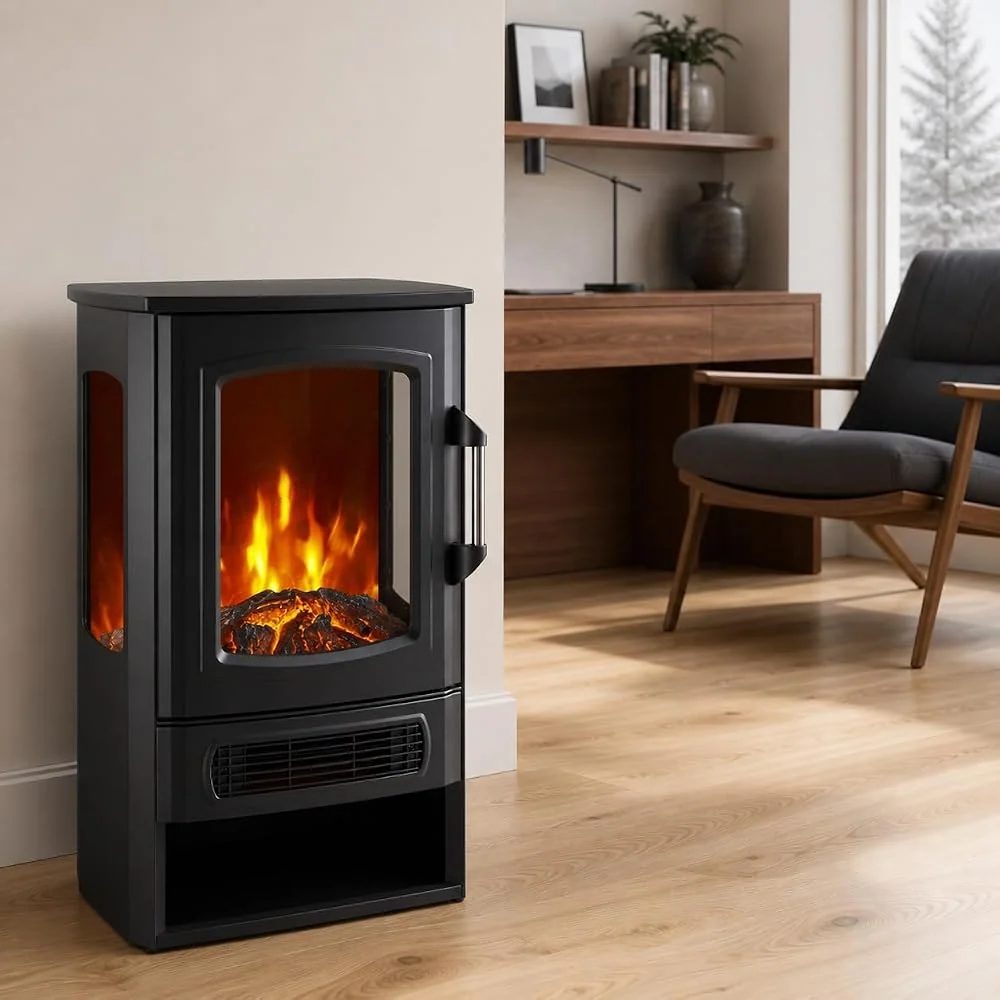 3-Sided Freestanding Electric Fireplace with Multicolor LED Flames, 750W/1500W Dual Heat & Flame-Only Mode, Adjustable Thermostat, Quiet <45dB, No Vent Required - Black