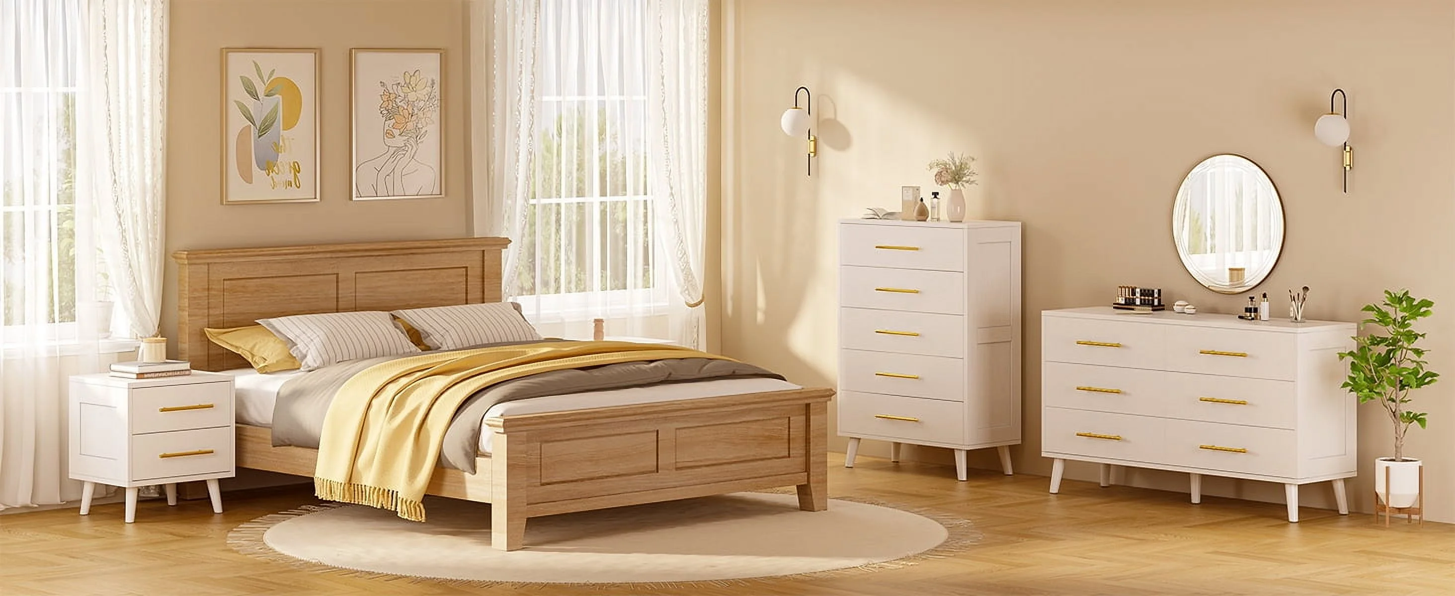 Bedroom Furniture Set Includes Queen Bed Frame, Nightstands Set of 2, 5-Drawer Dresser Vanity Desk Modern Storage Solution for Stylish Home Decor, Beige/White - Image 9